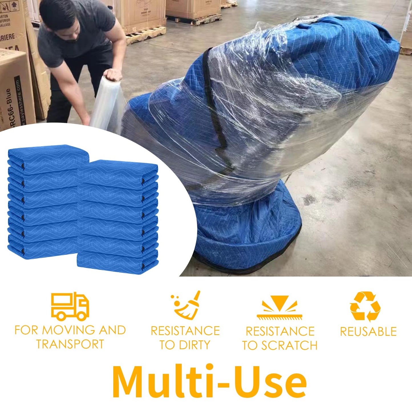 Moving Blankets 12 Packs, Extra Large 80"x72" Furniture Moving Pads, Reusable Packing Blankets, Professional Quilted Furniture Shipping & Storage Pads for Couch Desk Cabinet Appliances, Blue and Black