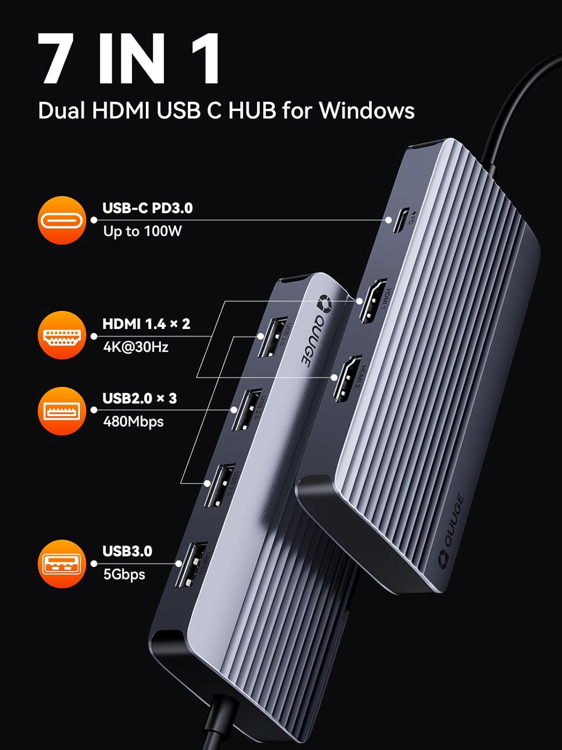 QUUGE 2 7 1 4K, 5Gbps 3.0, 3 USB2.0, Docking Station Dual Monitor HDMI, in USB C Hub with Dual HDMI PD Charging, USB