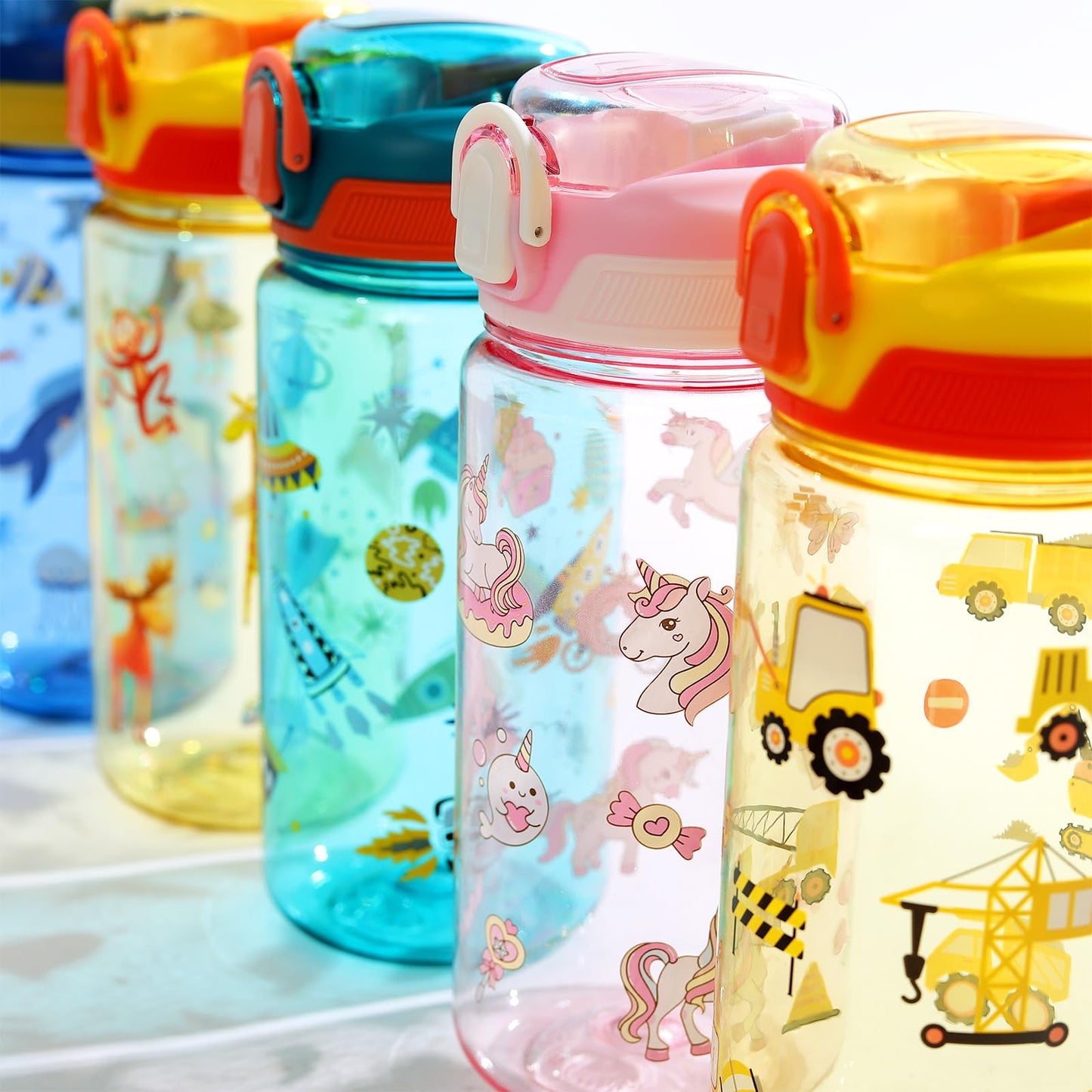 wooshwa Kids Water Bottle for School or Travel, 20 Oz 2 Pack Durable Plastic Water Bottle with Silicone Straw and Pop-Up Spout Cover, BPA Free & Dishwasher Safe(Excavator & Dinosaur)
