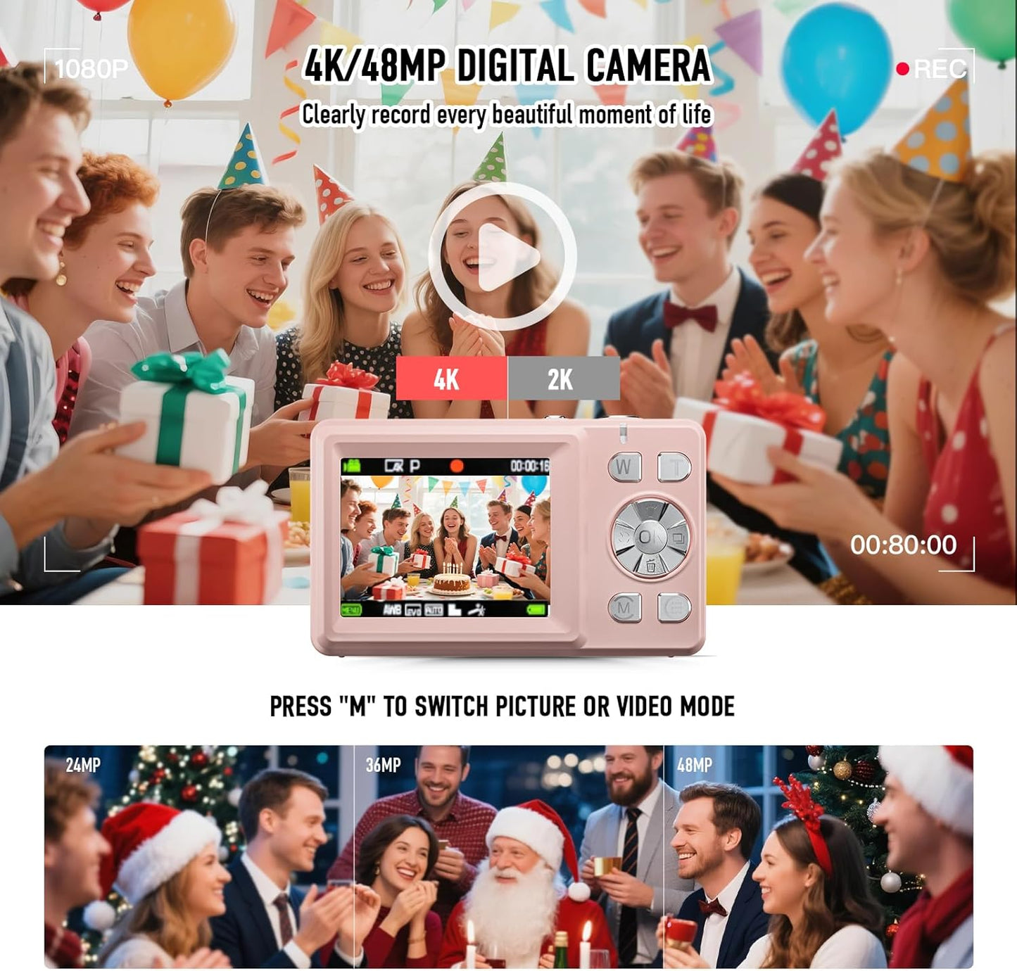 BILEBAK 4K 48MP 18X 32GB Digital Camera, Autofocus Dual Screen for Selfies, Zoom Fill Light, Portable Point and Shoot