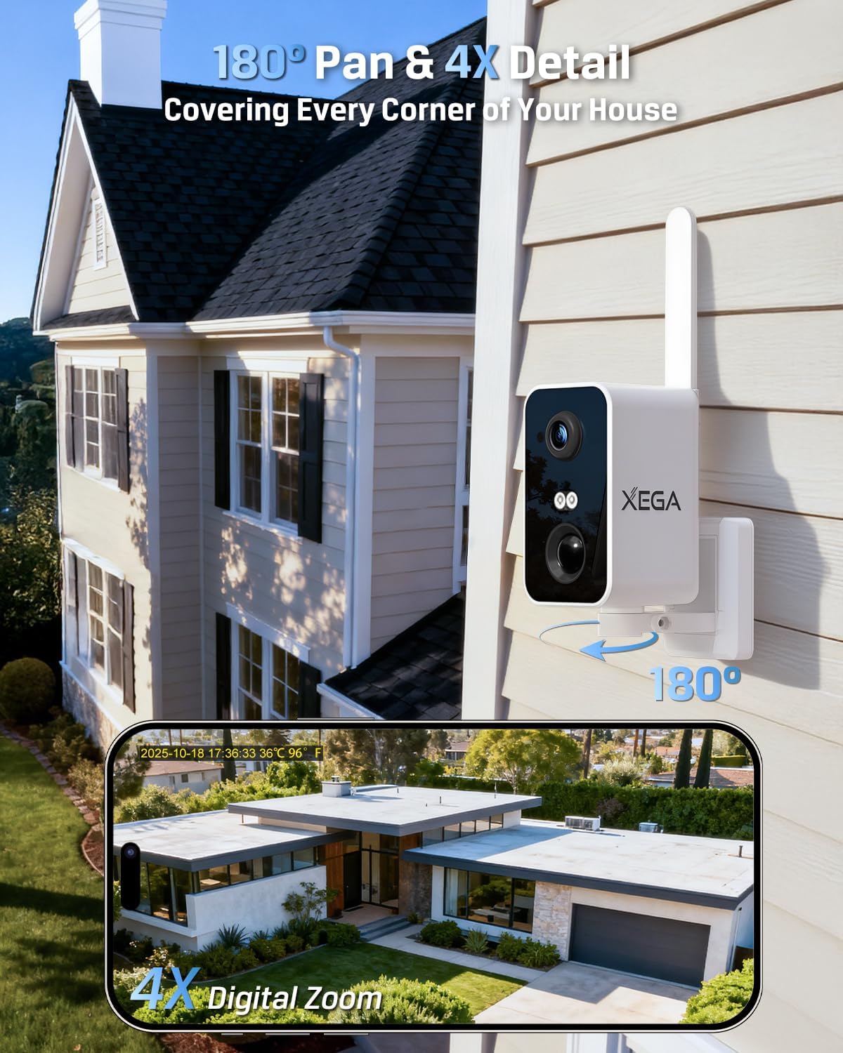 Xega 4G 10000mAh 180, 2K 2-Way IP66, Cellular Security Camera: Battery, No WiFi Need, Pan Motion Detection, Color Night