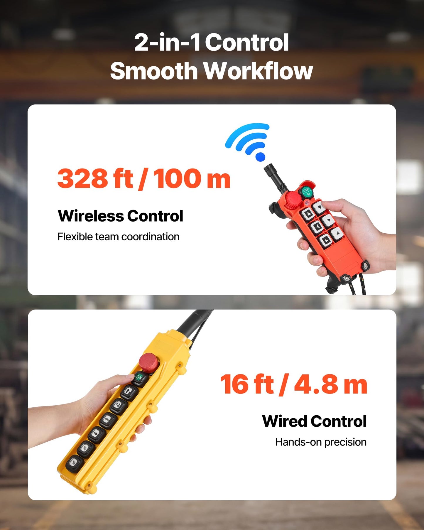 VEVOR 4400lbs Electric Chain Hoist with Power Trolley, 2-Speed Operation, 20ft Lifting Height, 3-Phase 208-240V/440-480V Overhead Crane w/ 328ft Wireless & 16ft Wired Remote Control G100 2-Chain Hoist