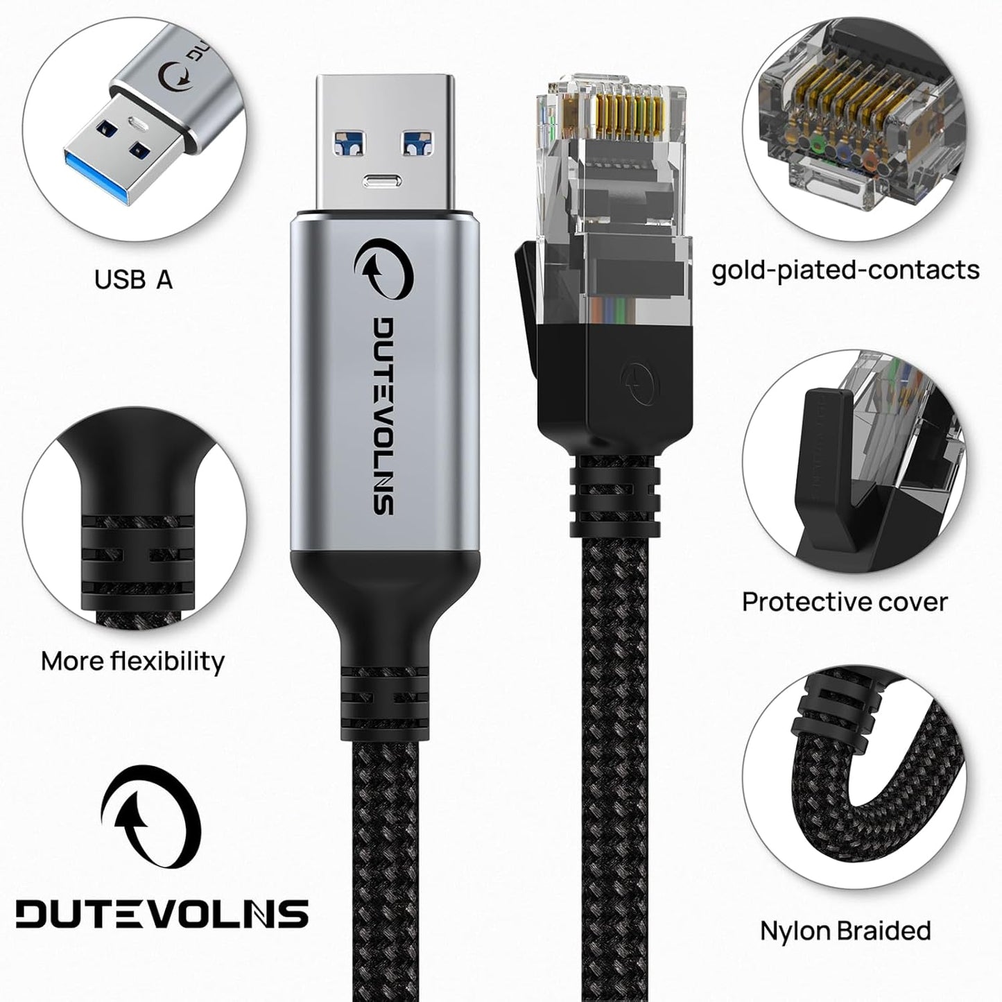10 3.0 RJ45 10 11 USB to Ethernet Cable FT, USB A to Male Nylon Adapters, Gigabit Directly Connected, Compatible