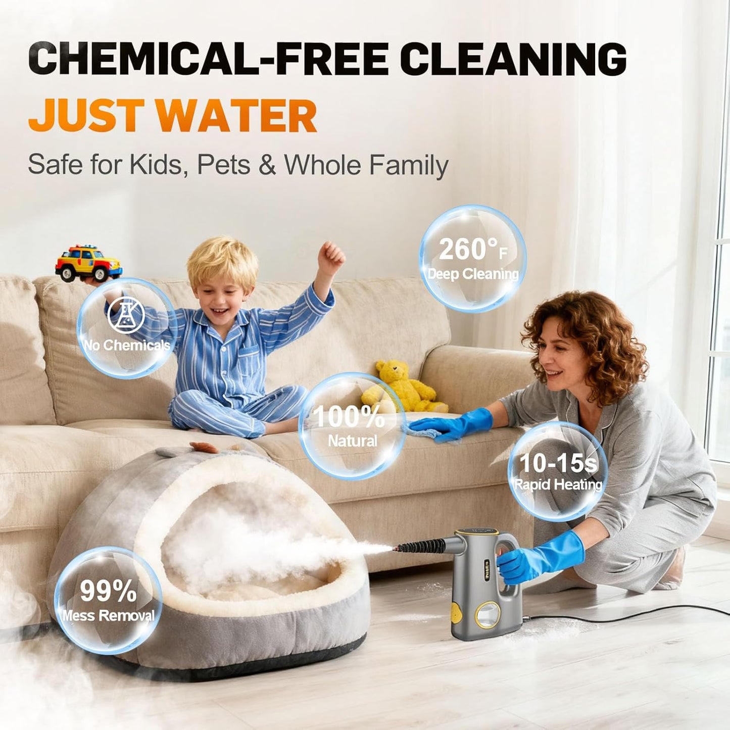 Skiennix Handheld Steam Cleaner - 15s Heat-Up, 3-Level Adjustable Steam, 14 Accessories | Multi-Surface, Chemical-Free (Grey)