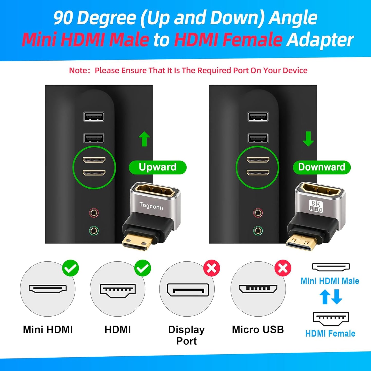 Togconn 90 2 Pack, 8K@60Hz,4K@120Hz Degree Mini HDMI to HDMI Adapter (Up and Down) Right Angle Mini HDMI (Male) to HDMI