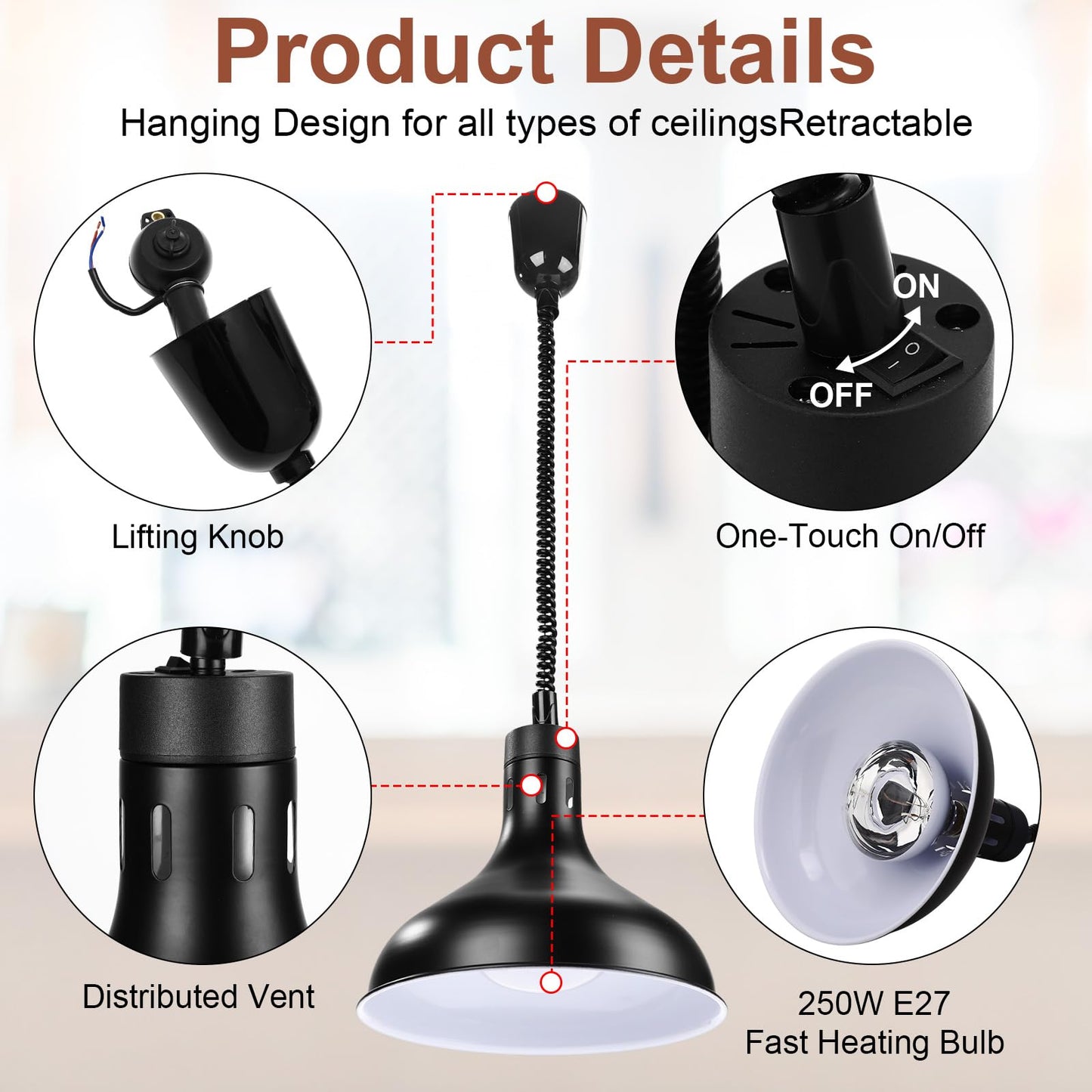 Nuanchu 2 Sets Food Heat Lamps Retractable Food Warmer Lamp with 110v 250w Heating Bulb Restaurant Hanging Warmer for Restaurant Buffet Home Kitchen Catering, Dia 29cm(Black)