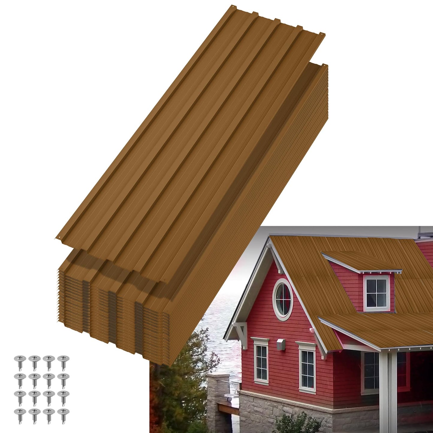 Garvee Metal Roofing Panels, 20 Pcs Waterproof Corrugated Metal Roof Panels, Heavy Duty Galvanized Steel Roof Sheets with Screws for Carports, Porch, Pergola, Easy to Install, 60.63 in x 16.77 in