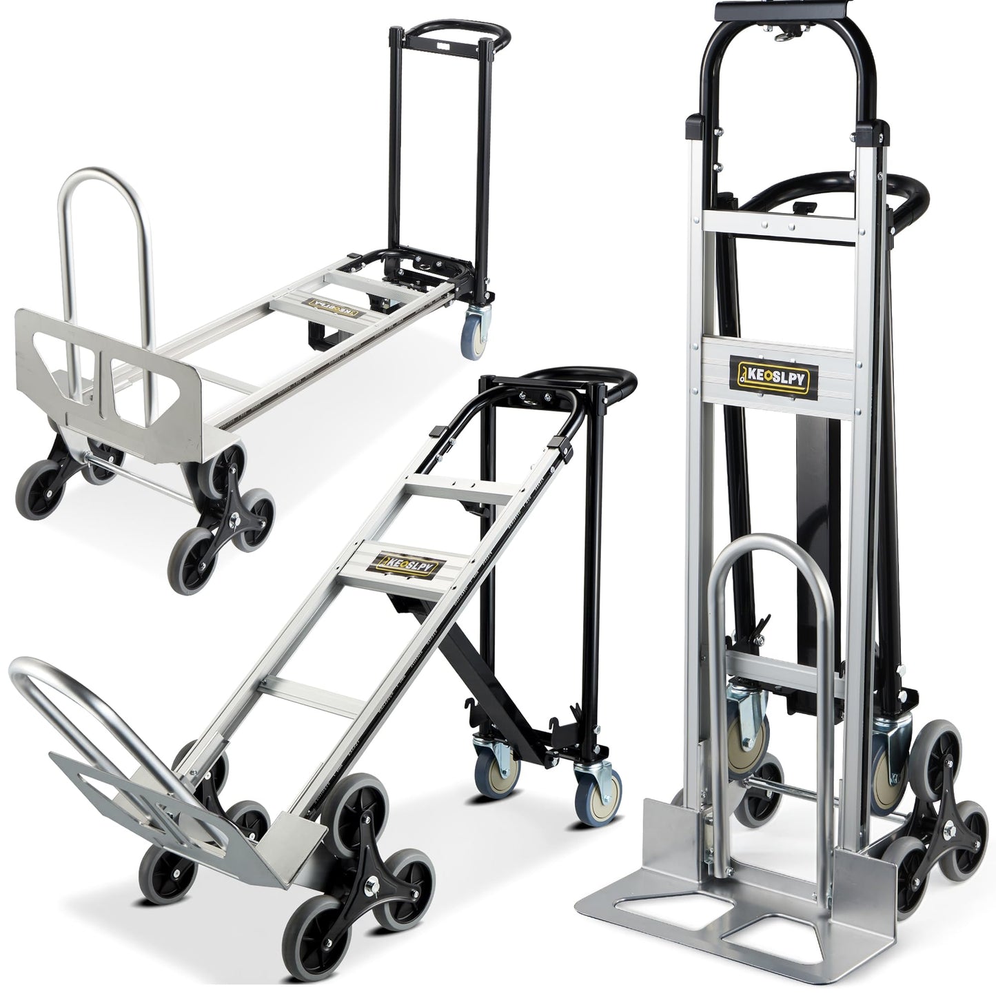Osluken 3 in 1 Heavy Duty Convertible Hand Truck Dolly, 1000LB Capacity Stair Climbing Aluminum Collapsible Utility Cart with Wheels, 3 Positions for Moving & Transport
