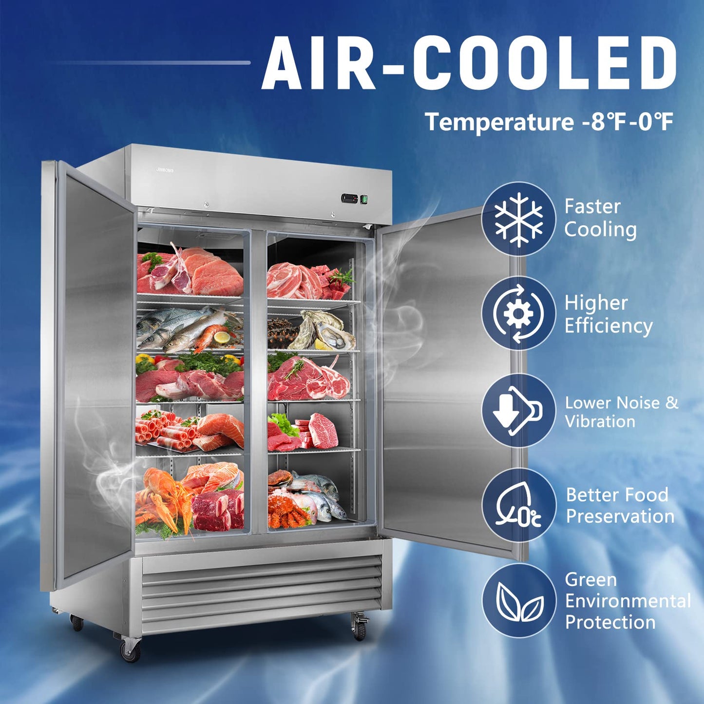 JINSONG 54" Commercial Freezer, 49 cu.ft with 2 Solid Door Stainless Steel Reach-in Freezer for Restaurant, Bar, Shop, Residential
