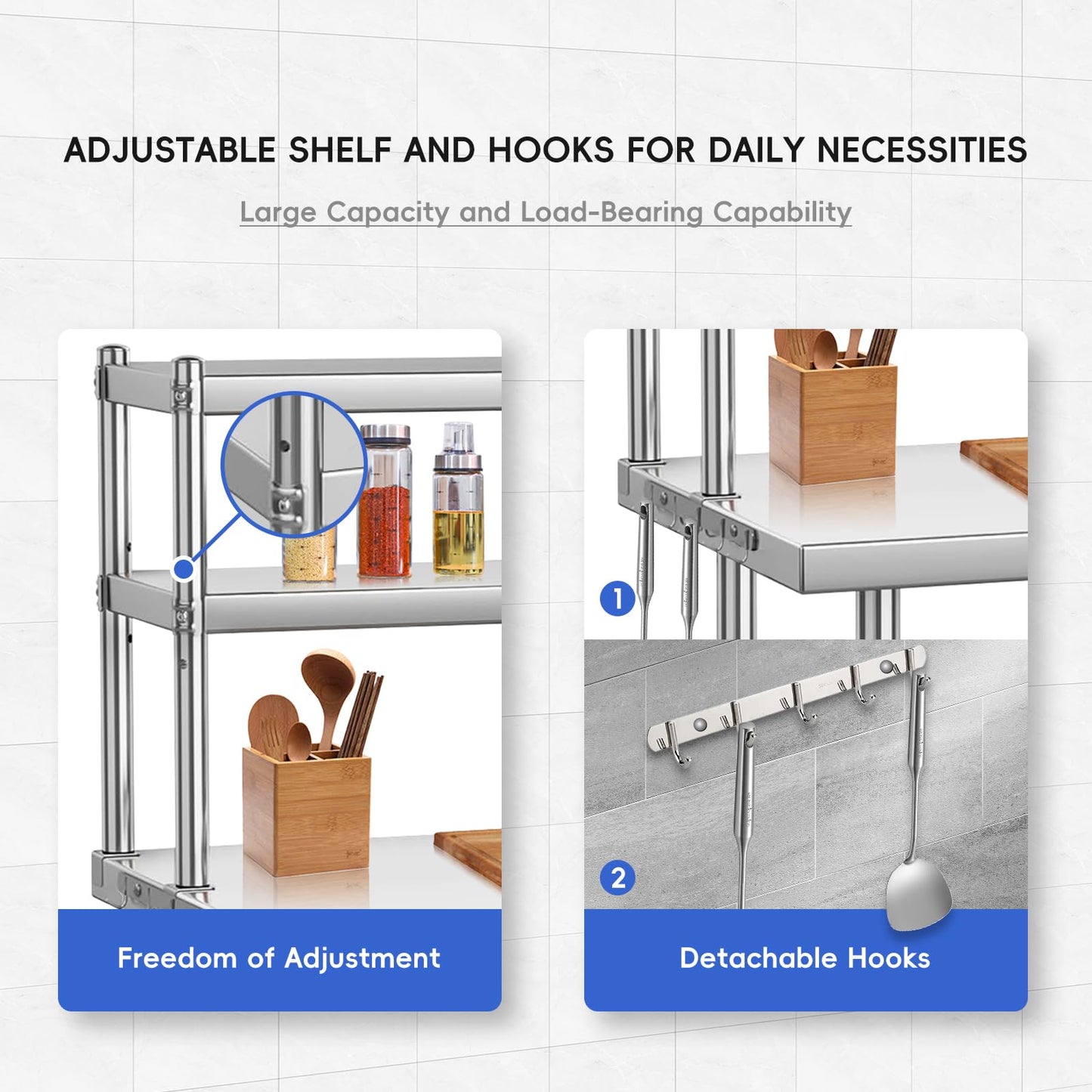 36 x 24 in Stainless Steel Table with Overshelves for Prep & Work, NSF Commercial Stainless Steel Kitchen Island with Adjustable Shelf & Hooks for Restaurant, Home and Hotel