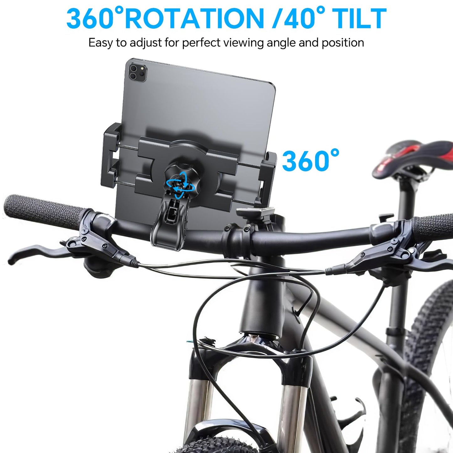 Coolpow Spin Bike Tablet Holder Mount【360° Adjustable】 Clamp Handlebar Bike ipad Holder Fit Treadmill, Stationary Bicycle,Microphone Stand Fit for iPad Pro, iPad, Galaxy Tabs, iPhone (4.7-12.9")