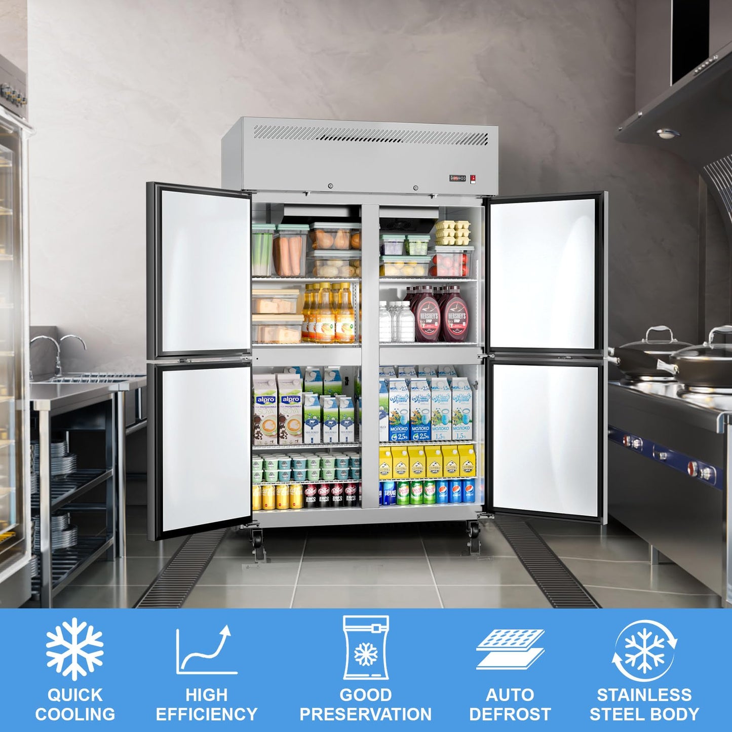 Ferueo Commercial Refrigerator 48" W 4 Door Stainless Steel Reach-in Solid Door Upright Fridge Fan Cooling 36 Cu.ft Refrigerators 32-47°F for Restaurant, Bar, Shop