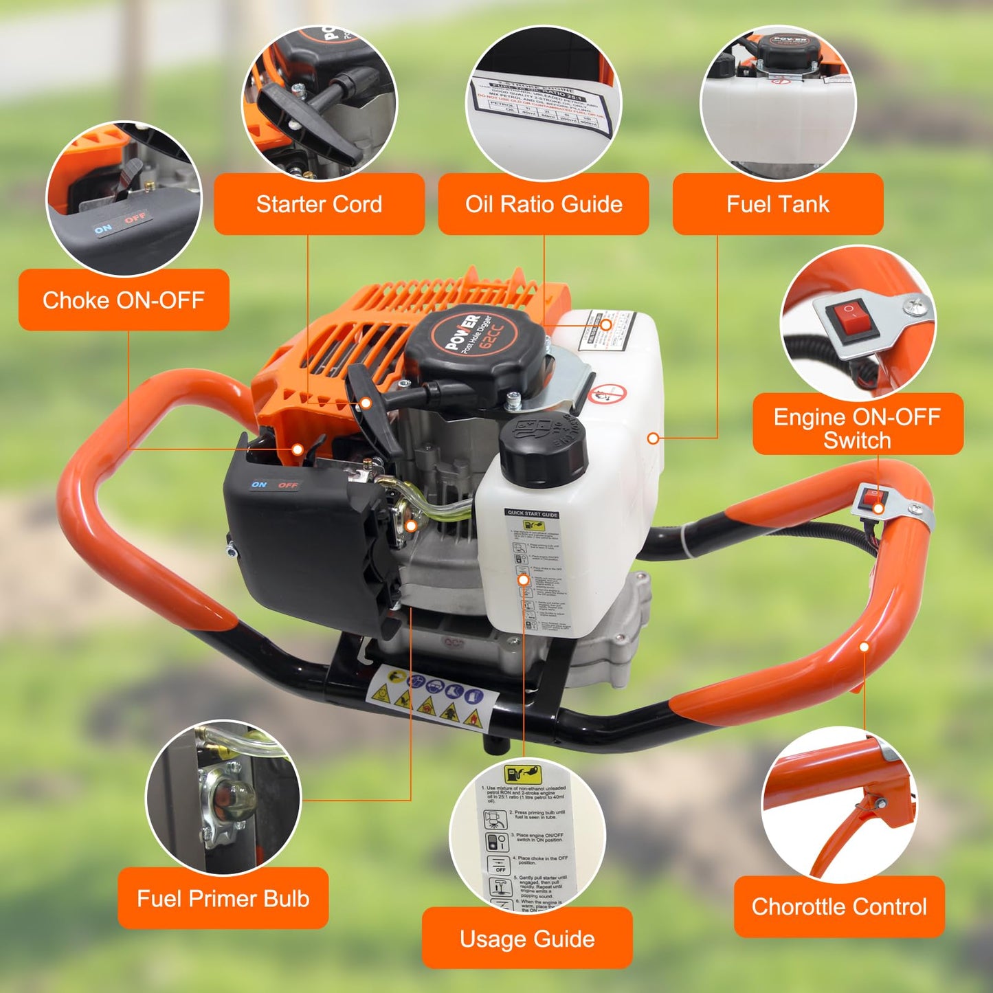 62CC Newly Upgraded Post Hole Digger Gas Powered, 2 Stroke Auger Post Hole Digger with 2 Drill Bits (6" & 8") + 1 Extension Rod for Planting - Ideal for Farm & Garden - Orange (62 CC)