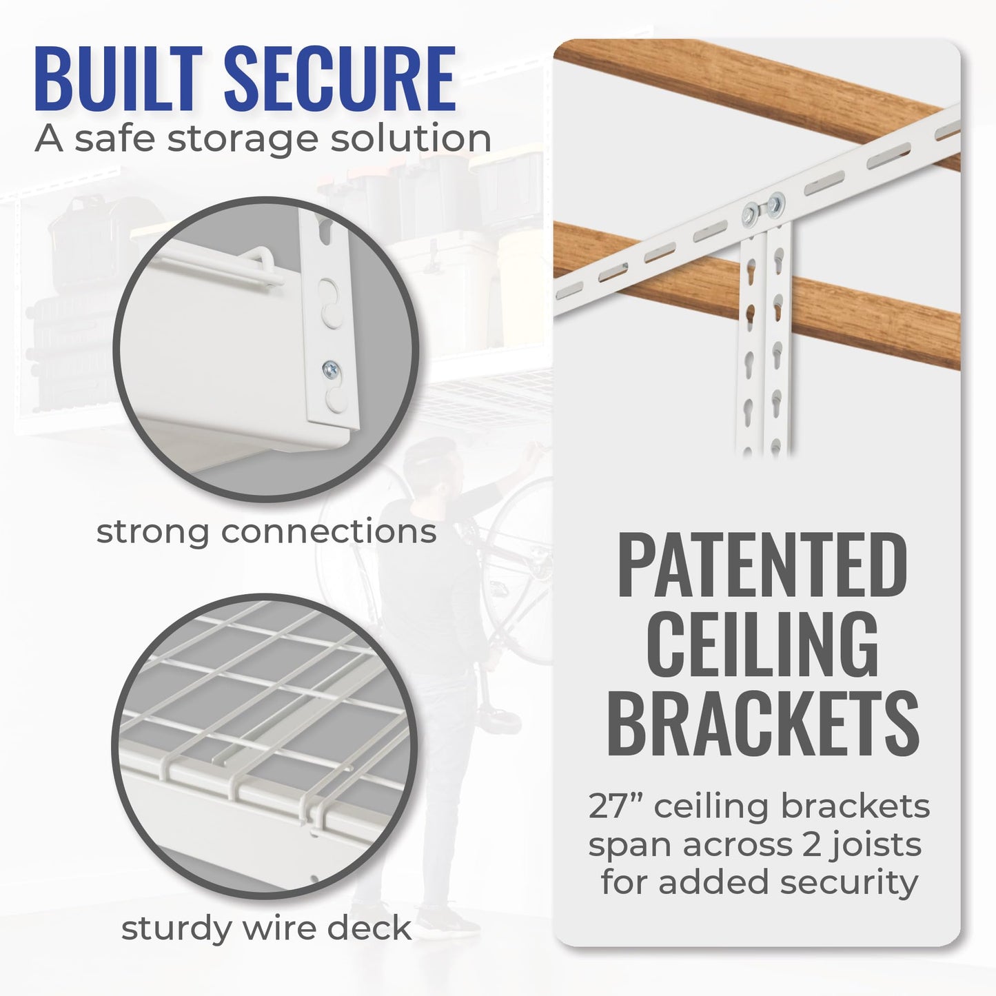 SafeRacks 4 ft x 8 ft Overhead Storage Rack Adjustable 24 in - 45in Height (White) With Accessory Pack With 5-Piece Hook Accessory Pack