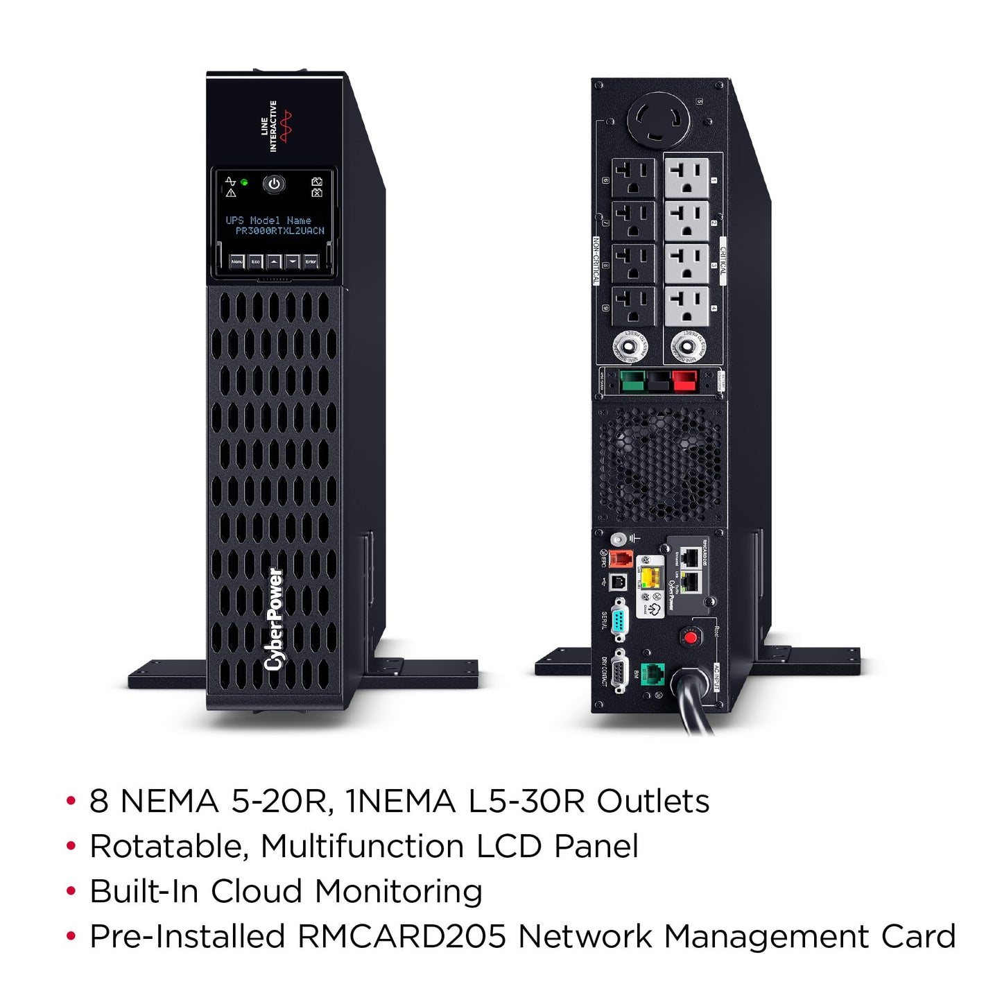 CyberPower PR3000RTXL2UACN Smart App Sinewave UPS System, 3000VA/3000W, 9 Outlets, 2U Rack/Tower, RMCARD205 Pre-Installed, EBM Option, Built-in Cloud Monitoring, UL Certified
