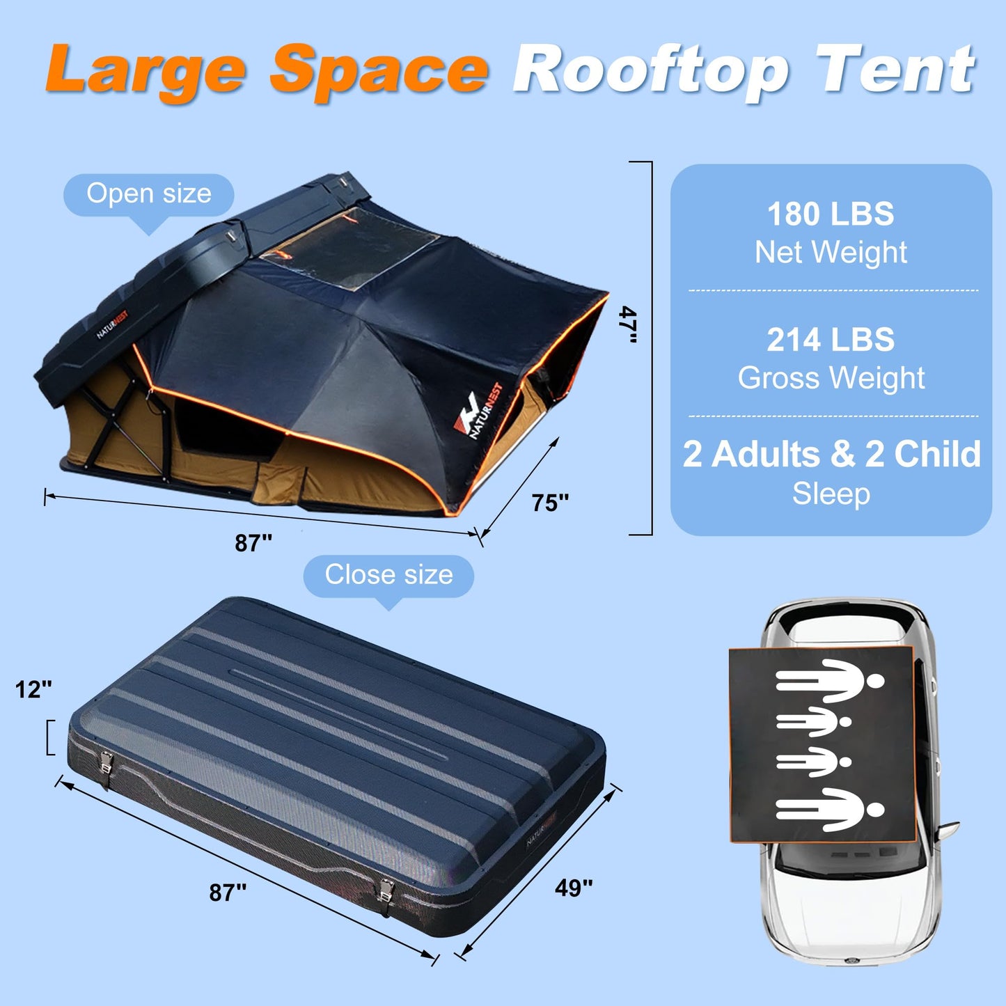 Naturnest Rooftop Tent Hard Shell, Easy Set Up Extra Large Roof Tent for 4 Person Camping Top Tents, Waterproof UV-Resistant 4 Season Tents for Truck, Jeep, SUV, Trailer - Sirius 2 XL