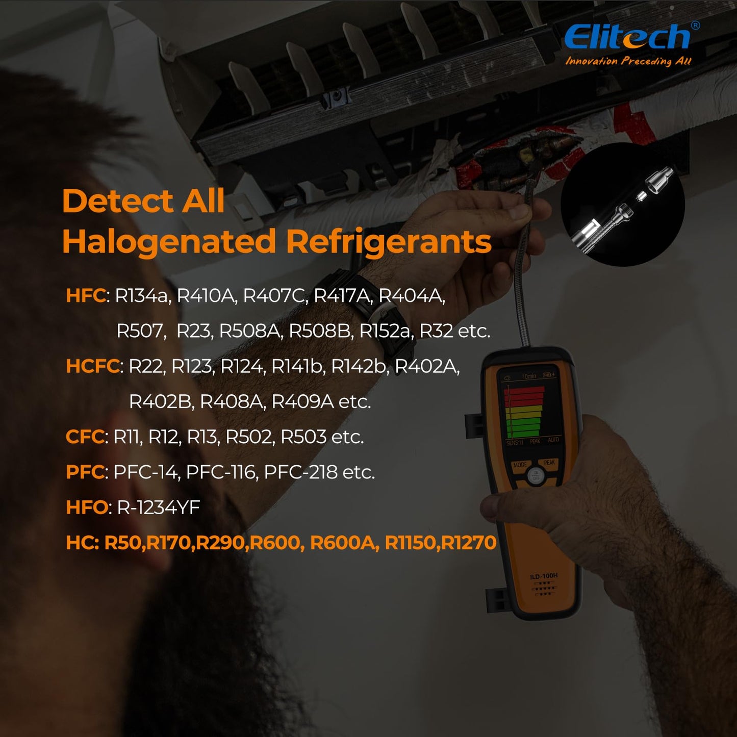 Elitech HVAC Refrigerant Leak Detector Heated Diode Sensor Halogen Freon Sniffer, Air Conditioning Detection, R22 R410A R134A R1234YF CFCs HCFCs HFCs, ILD-100H