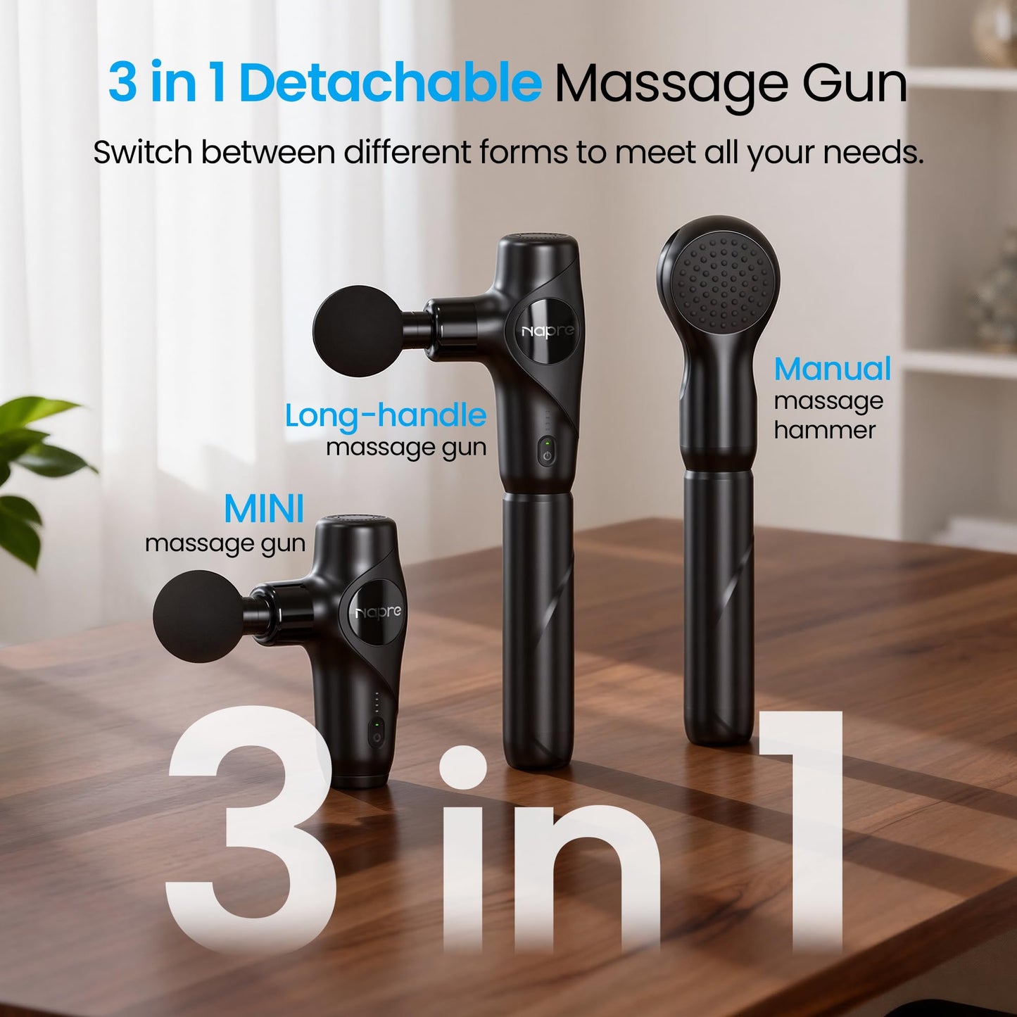 NAPRE 3-in-1 Detachable Massage Gun,Mini Massage Gun Deep Tissue with Extension Handle,Portable Handheld Percussion Muscle Massager for Back/Neck/Body,Small & Quiet,5 Heads,with Case