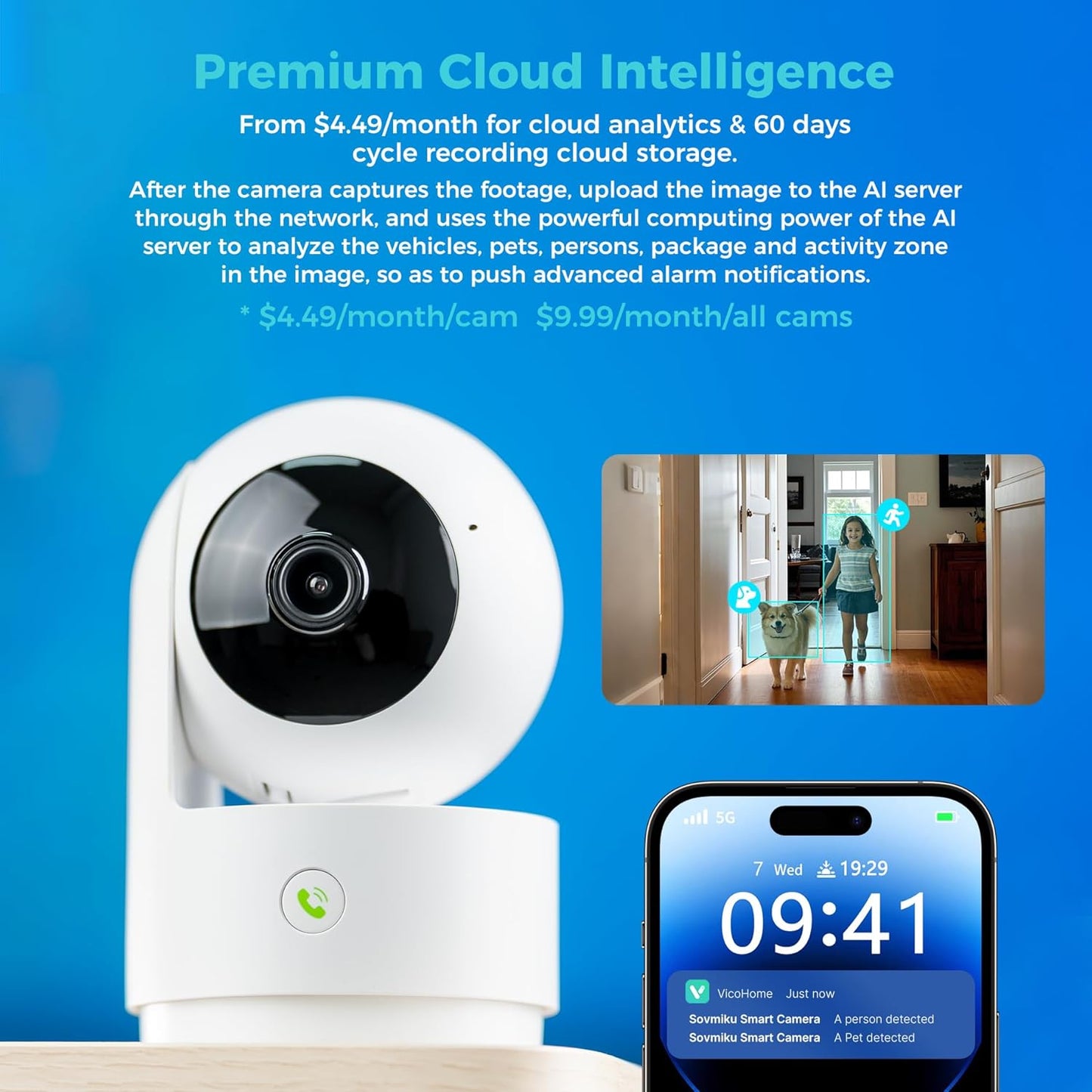 SOVMIKU 2K 5GHz 24/7 360 2-Way Setup, Alarm,180 Vicohome Indoor Security Camera, Wi-Fi, Plug-in, Recording, AI