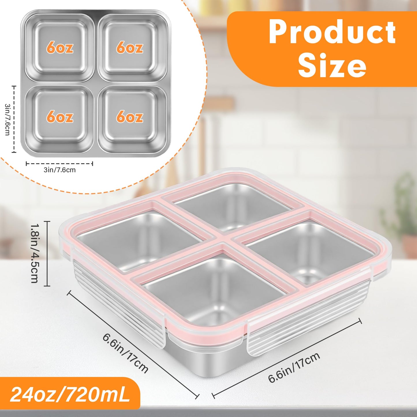 4 Pack Stainless Steel Snack Containers with Lids, Leakproof 4 Compartment Bento Lunch Boxes, Reusable Metal Meal Prep Food Storage Containers, Dishwasher Safe for Work, Travel, Picnic (4pack-A)