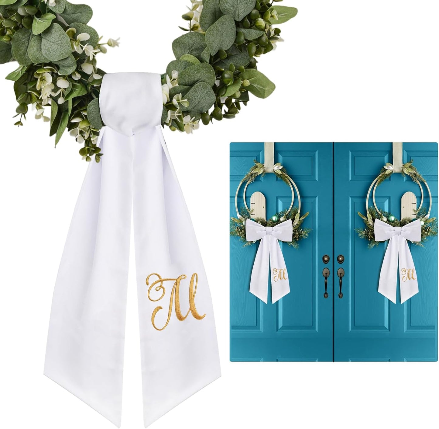 Skiennix Monogrammed Wreath Sash - 2 Pack Embroidered Decor for Boxwood Front Door | Letter M