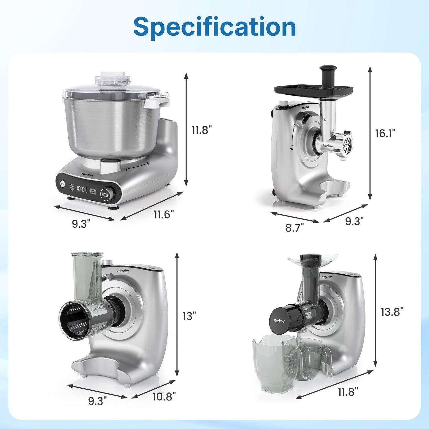 SUNVIVIPRO 5.3QT Electric Dough Mixer, 4-in-1 Multifunction Stand Mixer with Fermentation & LED Display & Knob Control, Slow Juicer, Meat Grinder, Salad Maker for Kitchen