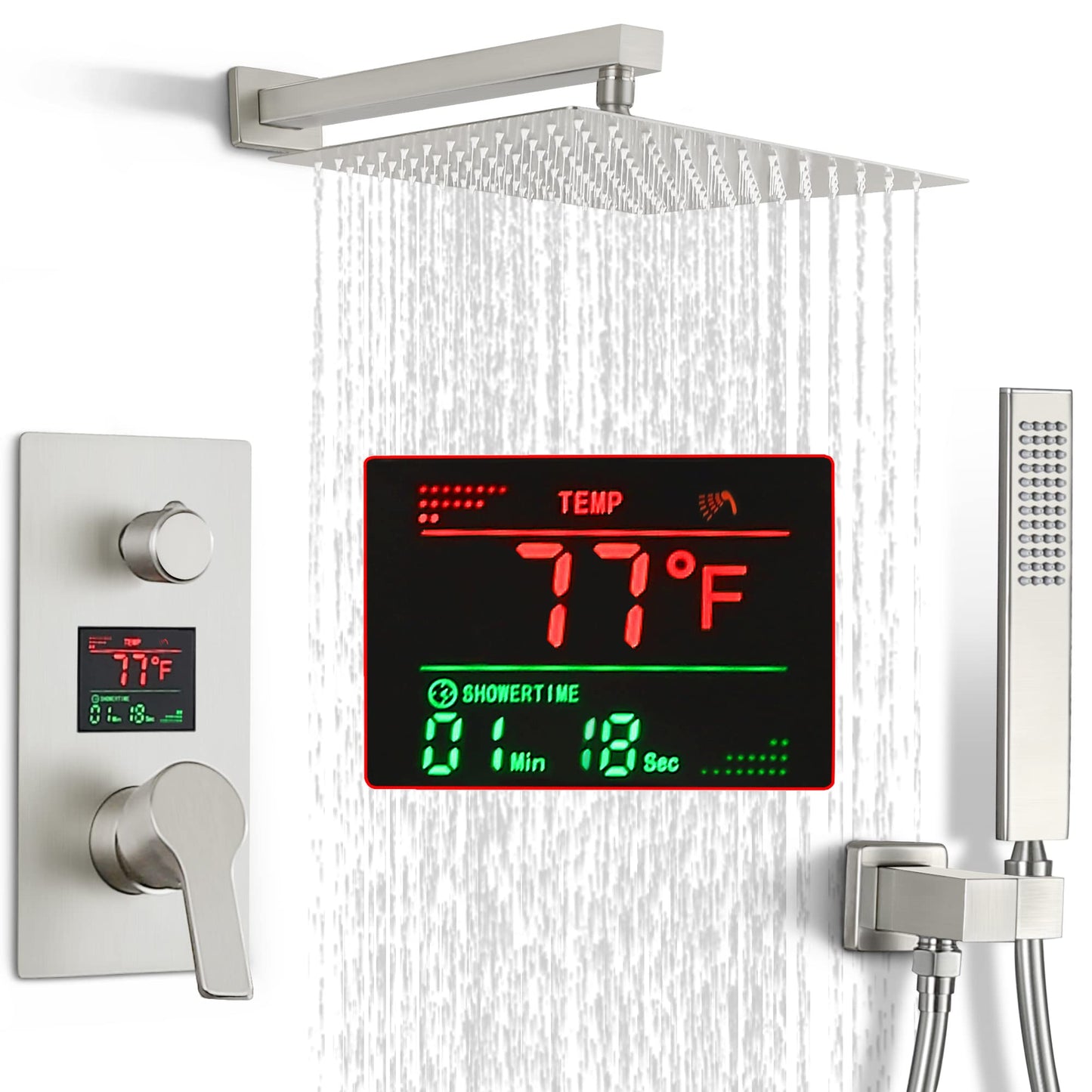 SKWOLL Shower Faucet Sets with Hydro Power Temperature Display, Brushed Nickel 12 Inch Shower Head Combo Kit, 2 Function Wall Mounted Shower Fixtures with Digital Shower Valve