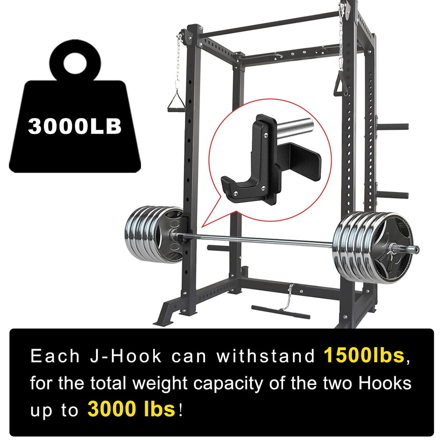 SELEWARE Steel J Hooks for Power Cage Squat Rack Attachment, Only for 3" x 3" Tube with 1" or 5/8" Hole, Barbell J-Hook Holder for Power Rack, J Cups Set of 2