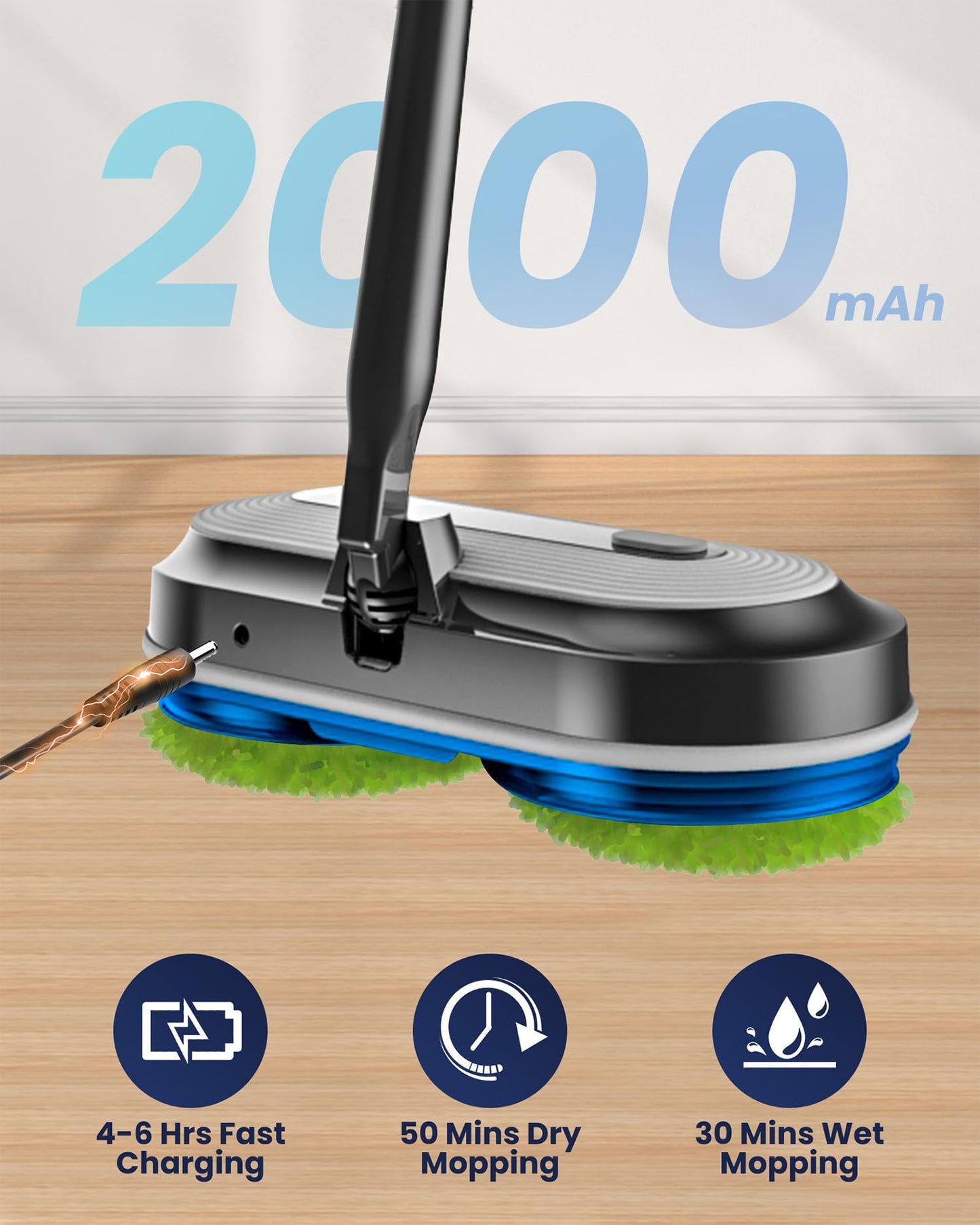 Blonex Cordless Electric Mop, Electric Spin Floor Mop with LED Headlights & Water Sprayer, Long-Lasting Battery, Large 290ml Tank, Self-Propelled Floor Cleaner with Adjustable Tube for All Floors