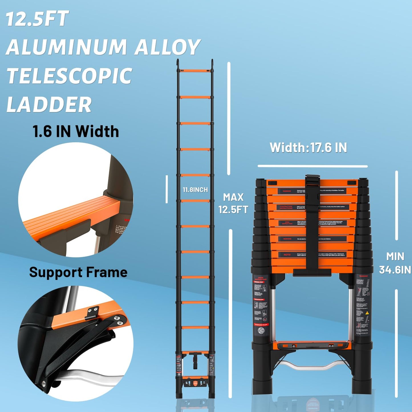 Telescopic Ladder,12.5 FT Extension Ladder，Aluminum Ladder for RV Home Outdoor, 330lbs Max Capacity, One Bottom Retraction Ladder