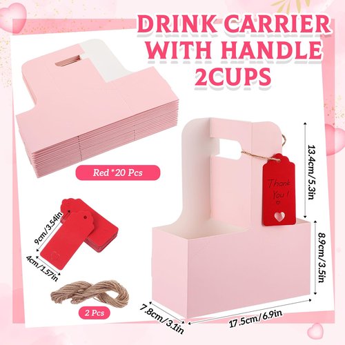 MotiMind 20 Pack 2 Cup Drink Carrier with Handle Kraft Paperboard Cup Holder Portable for Mother's Day Teachers' Day for Hot Cold Drinks Coffee Caddy with Heart Card Rope (Pink)