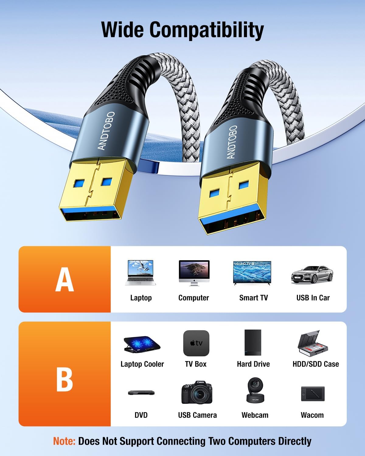 3.0 3.0 3.3FT ANDTOBO USB A to A Male Cable, USB Male to Male Extension Cable Double End USB Cord Compatible with Hard