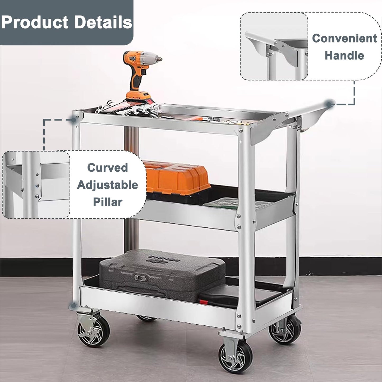 3-Tier 14 Gauge Stainless Steel Utility Cart, 1100 lbs Heavy Duty Service Cart with Wheels, Rolling Tool Cart on Wheels for Mechanic, Garage, Workshop, Warehouse, 15.75" D x 30.7" W x 36.2" H