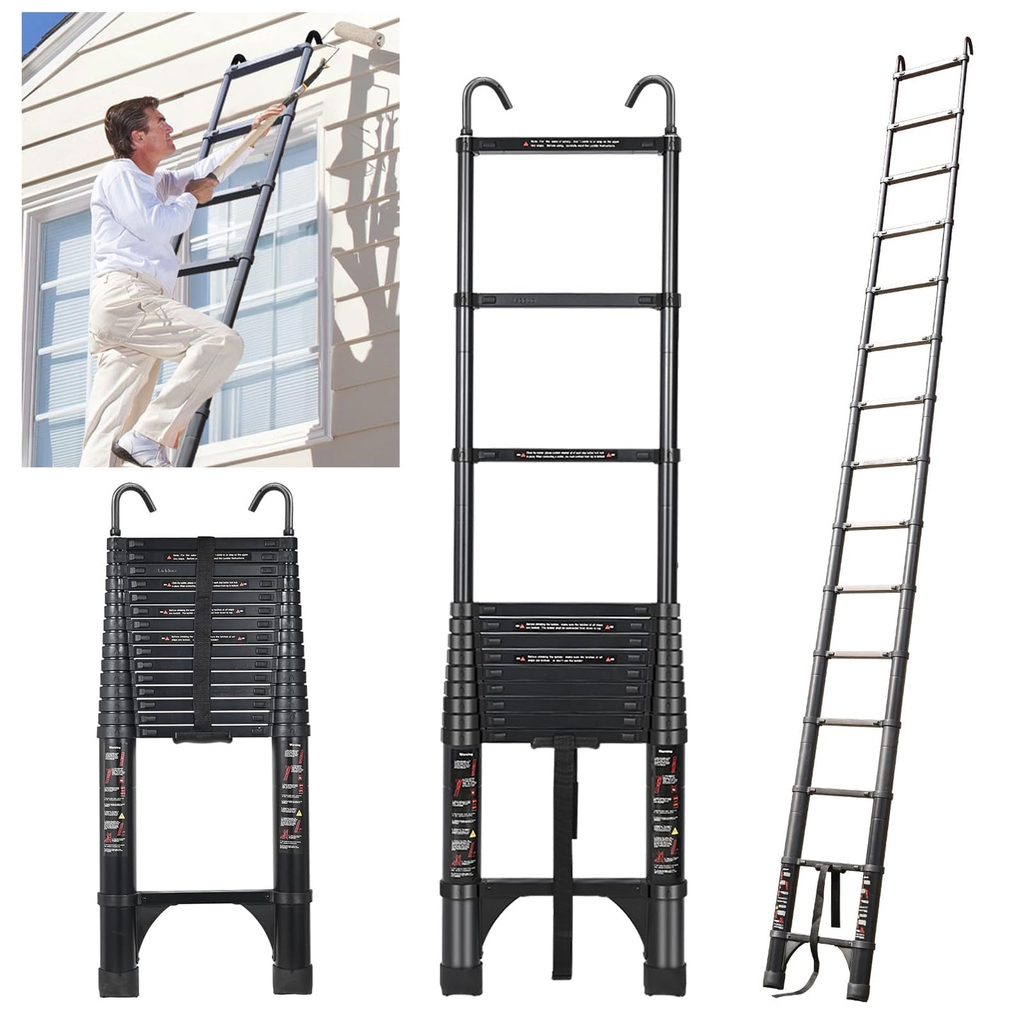 JADDUO 20.3 FT Telescopic Ladder, Aluminium Black Telescoping Ladder with Non-Slip Feet and Stable Hook, Portable Extension Ladder for Household and Outdoor Working, Heavy Duty 330 lbs Max Capacity