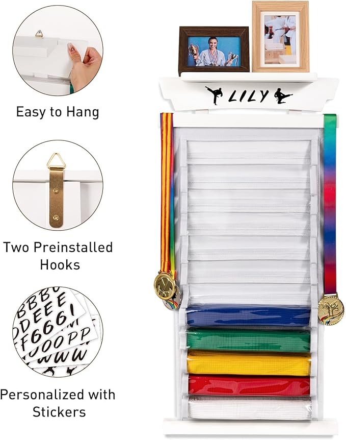 Tilhumt 12/10 Belts Karate Belt Display Rack with Stickers, Taekwondo Belt Display with Trophy/Photo Rack, Felt Dustproof Design, Easy to Put in Belt, Martial Arts Belt Display for Adults