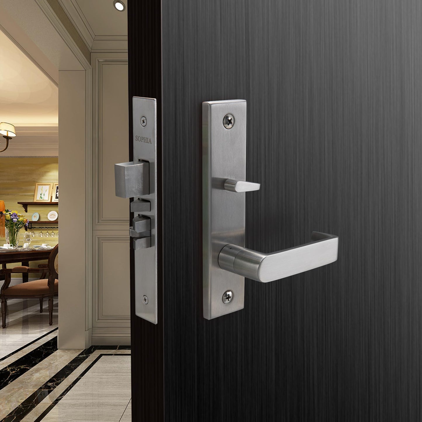 SOPHIA Commercial/Residential Heavy Duty Mortise Lockset Door Lever Lock Non-Handed Grade 1 - Escutcheon Plate Keyed Lever Lockset, ADA, US32D Satin Chrome Finish for Entrance Front Door
