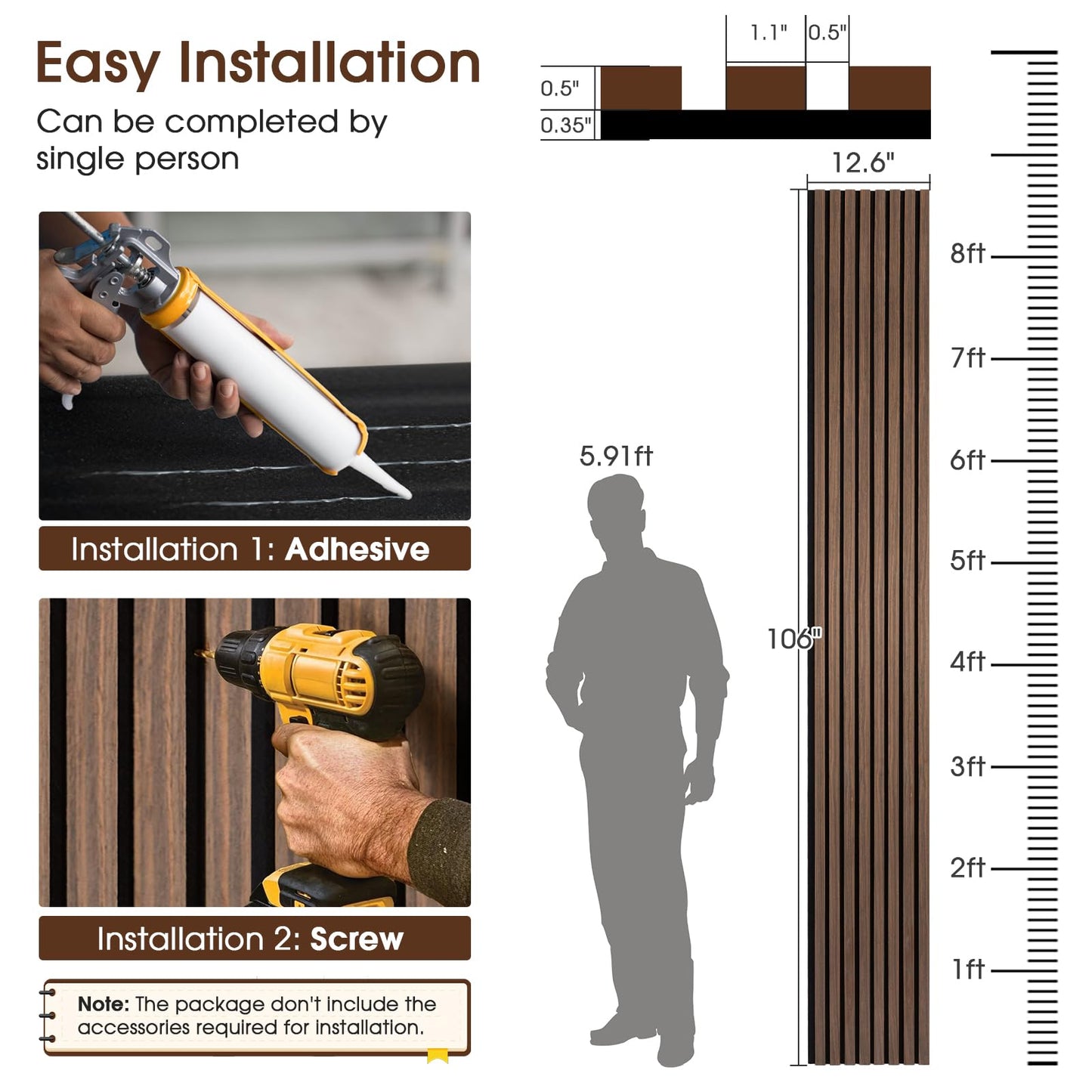 LARWORKS Acoustic Wood Slat Panels 2 Pack 106" x 12.6", Soundproof Wooden Wall Panels, 3D Fluted Panel for Interior Wall Decor, Living Room, Bedroom - Walnut (Cover Approx. 19 sq.ft)