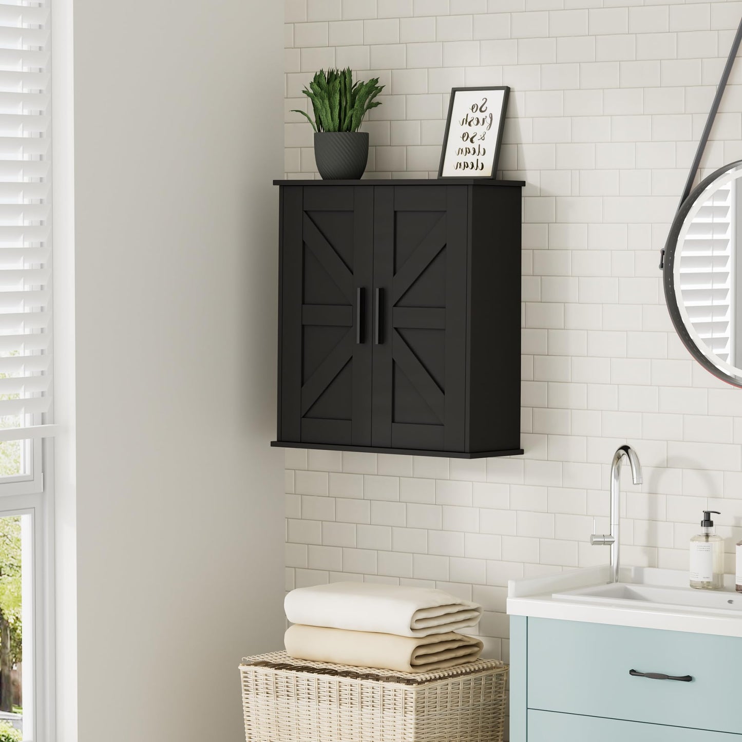 Homleke Bathroom Wall Cabinet, Over Toilet Storage Cabinet with Barn Doors and Adjustable Shelves, 3-Tier Medicine Cabinet Wall Mounted, for Bathroom, Kitchen, Entryway, Laundry Room, Black, (7.9" D)