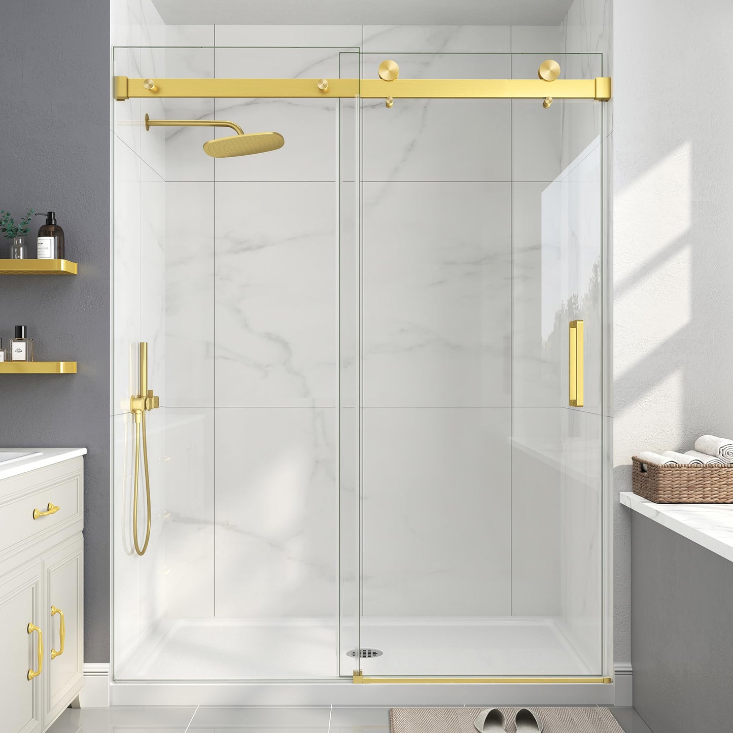 EASYWORC Frameless Shower Door, 43-48" W x 76" H Sliding Glass Shower Door, 1/4''(6mm SGCC Tempered Glass with Explosion-Proof Film Nano Coating in Brushed Gold Finish