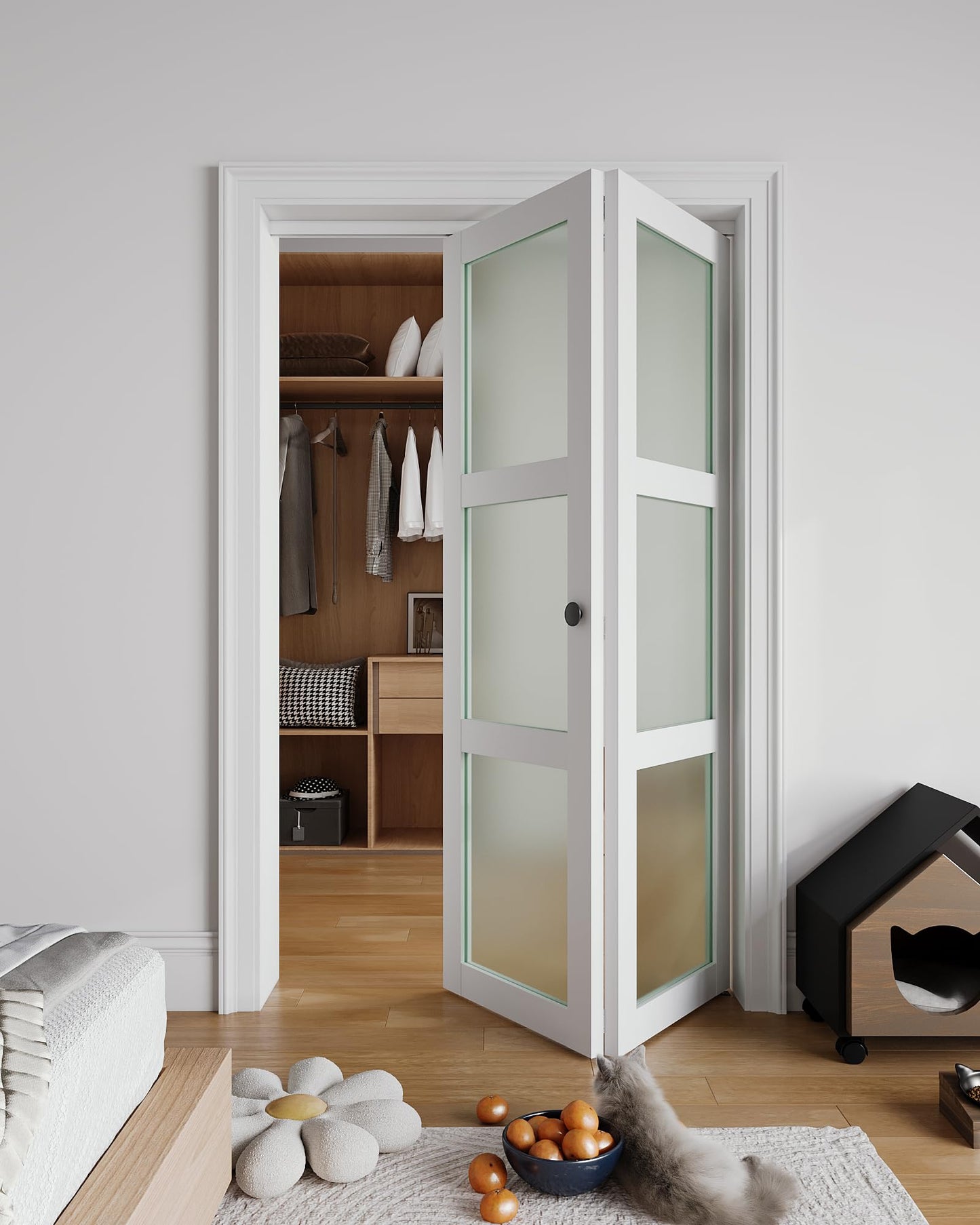 Bifold Closet Doors for 36"x 80" Opening, Tempered Frosted Glass Accordion Barn Door with Concealed Hardware Kit Included, Closet Door for Water-Proof PVC White Surface, Easy Install