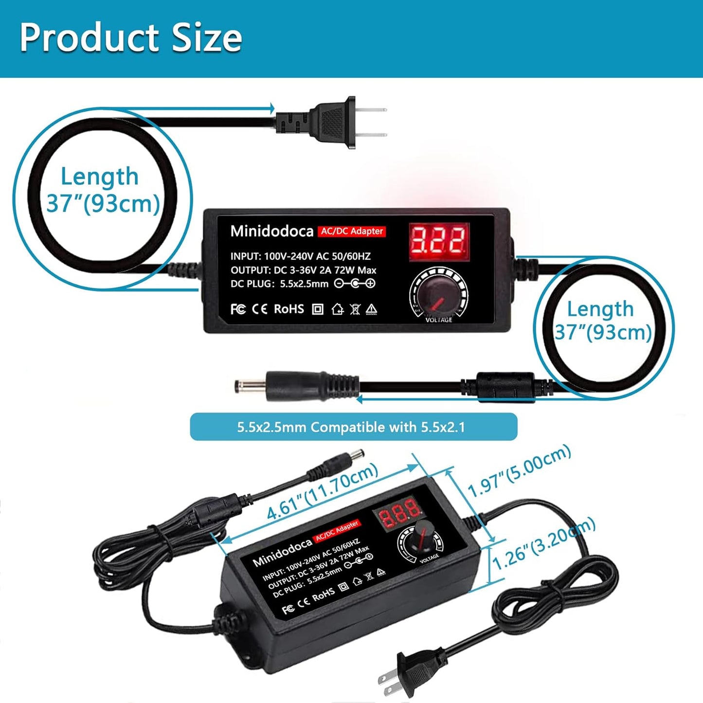 minidodoca 72W 3V 36V 13 3V 36V 2000mA Power Supply Adjustable DC ~ Variable Universal Switching AC/DC Adapter AC to DC