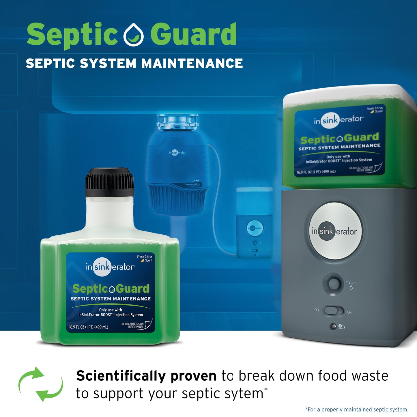 INSINKERATOR BOOST Injection System with Septic Guard Solution, Septic System Maintenance for INSINKERATOR Garbage Disposals, BST-SG