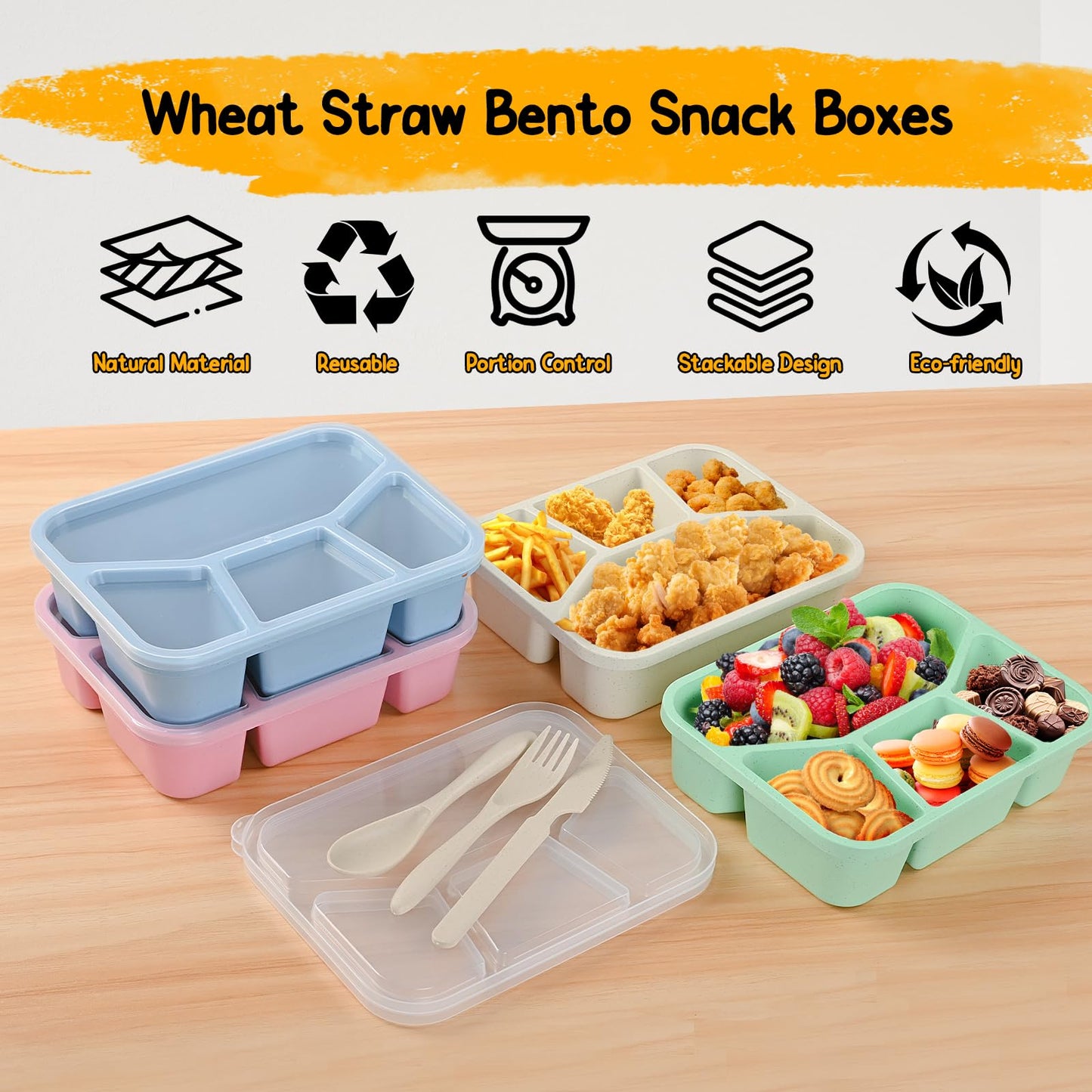 HMDZMR Bento Lunch Box, 4 Compartments Meal Prep Containers, 4 Pack Reusable Snack Containers, Divided Food Storage Container for Adults (Pink Beige Green Blue)