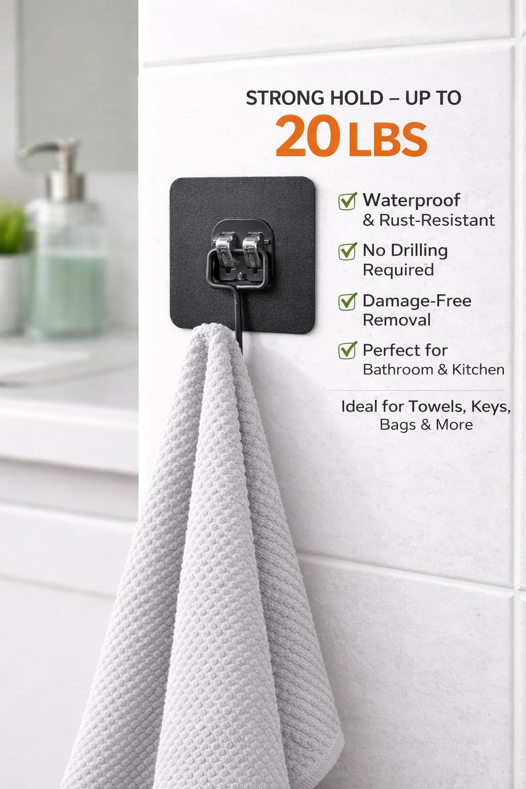 Black Metal Adhesive Wall Hooks Light Duty 6-Pack, No Drill Waterproof Sticky Hooks for Bathroom Kitchen Garage, Strong Wall Hooks for Towels, Keys, Coat, Tools, Holds Up to 20 lbs