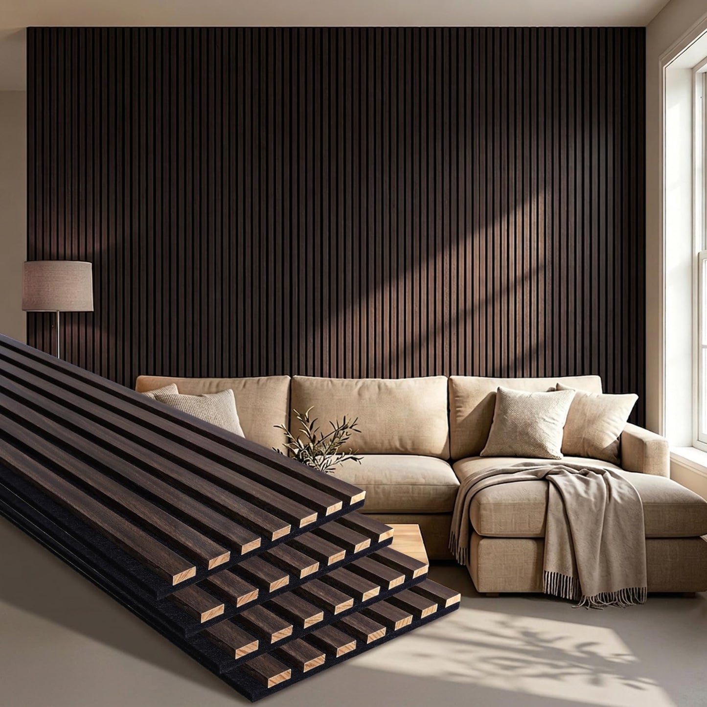 Wood Slat Wall Panels - 4 Pack 93.7" × 11" - Acoustic Panels Noise Reduction for Home Office Studio, 3D Fluted Sound Dampening Absorbing Panels, Dark Walnut