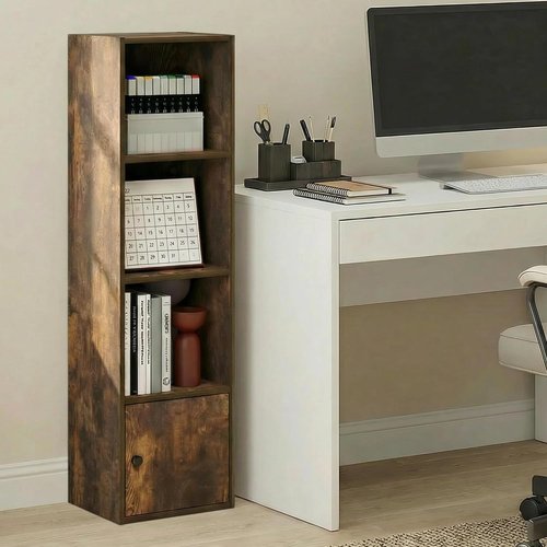 Furinno LUDER 4-Tier Bookshelf - Stylish Open Shelf & 1 Door Cabinet | Amber Pine, Perfect for Living Room & Home Office