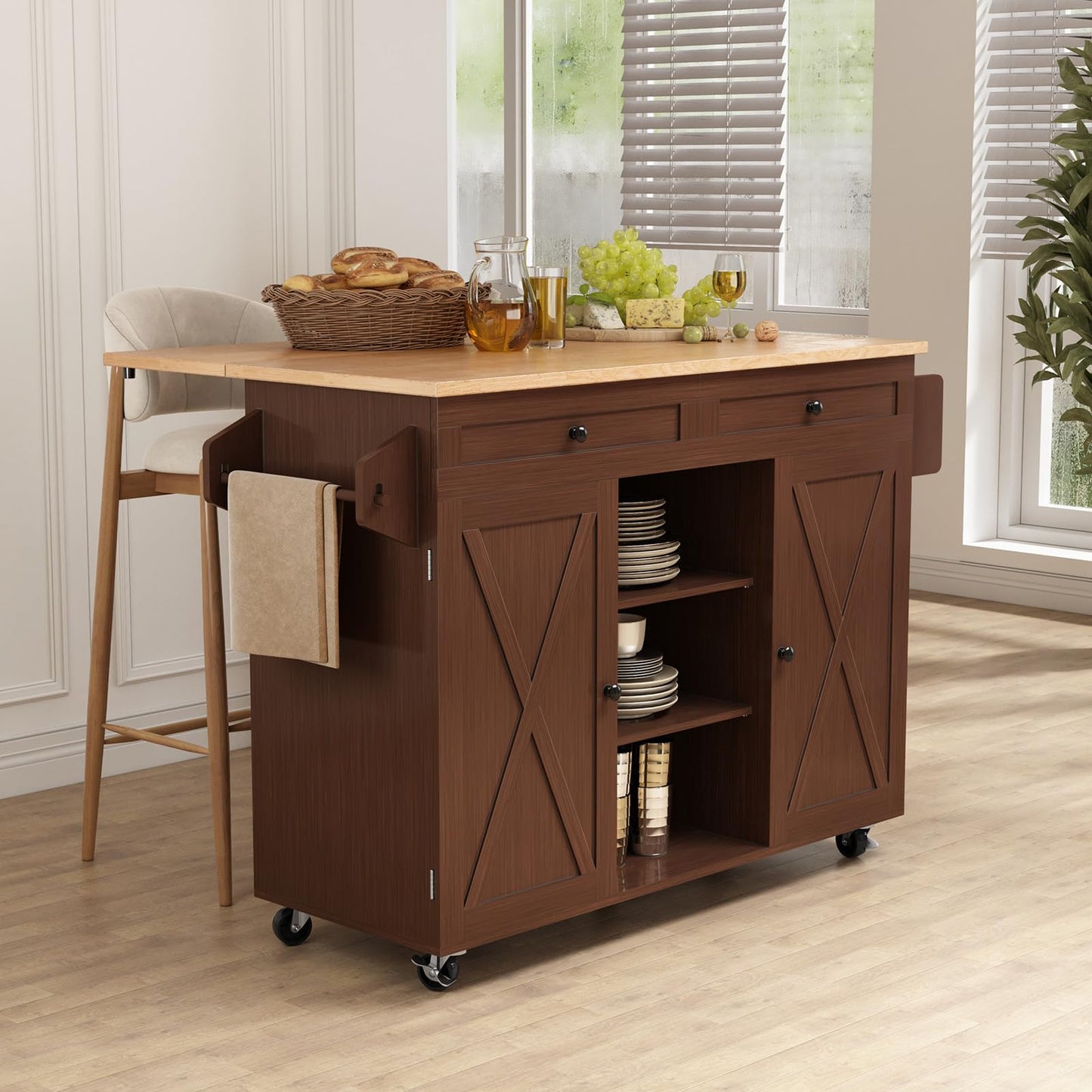 HLR Kitchen Island On Wheels, Brown Rolling Kitchen Island Cart with Solid Wood Drop Leaf Breakfast Bar, Barn Door Kitchen Islands with Storage Cabinet and Tower Rack, Island Table for Kitchen