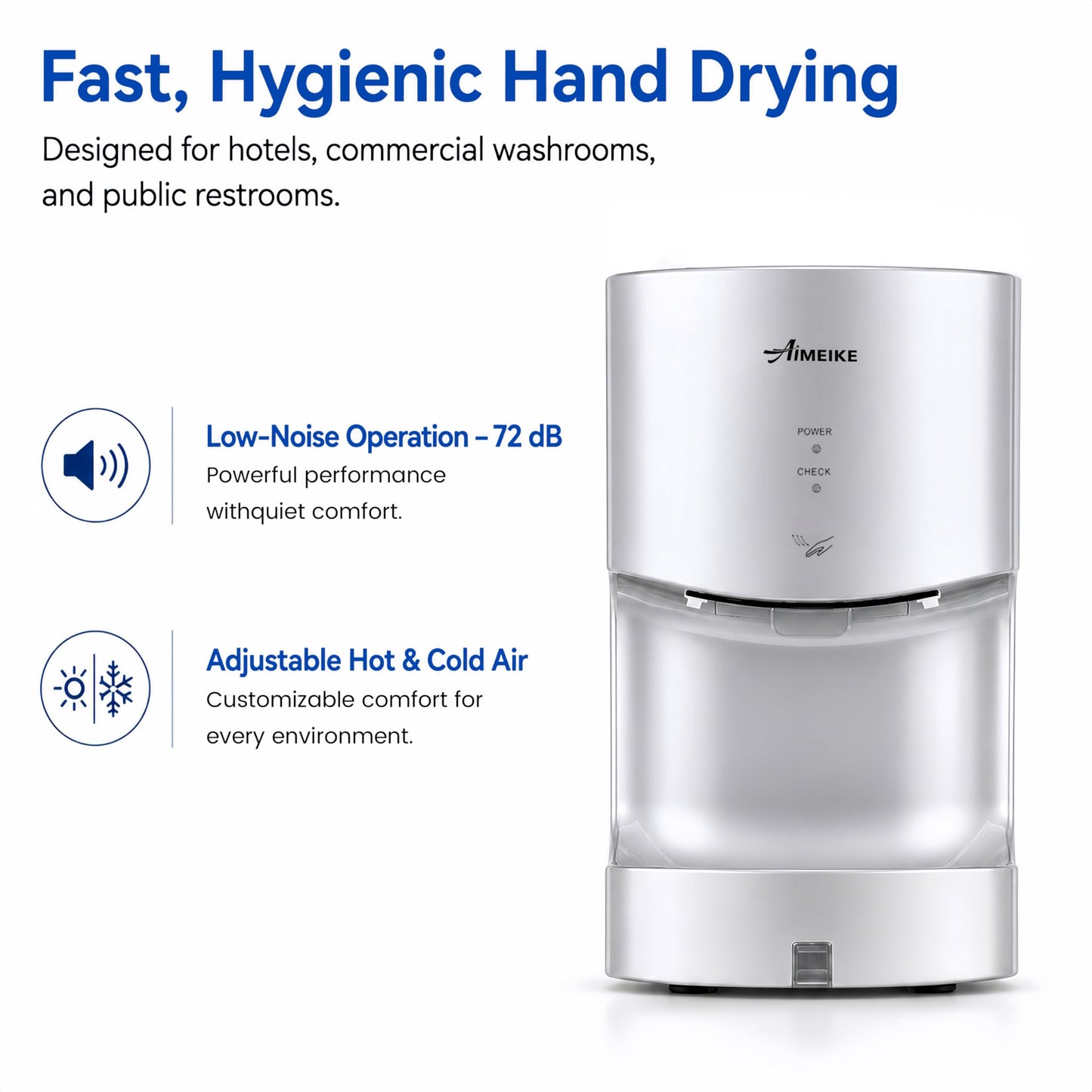 AIMEIKE Automatic Commercial Wall Mounted Hand Dryer with Drip Tray, Compact High Speed 110V 1300W, Adjustable Hot & Cold Air, Low Noise for Bathroom & High-Traffic Restrooms, Silver