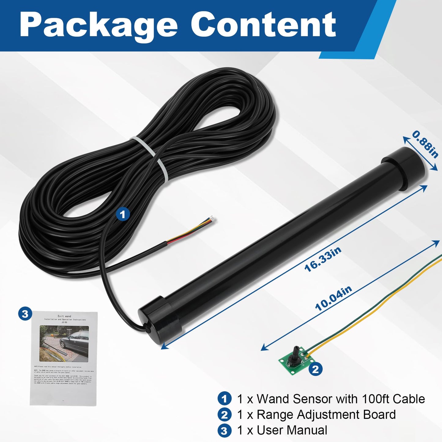 Vehicle Exit Sensor for Automatic Gate Opener with 100 ft Cable, Compatible with Mighty Mule, Ghost Controls, LiftMaster Vehicle Door Opening Systems