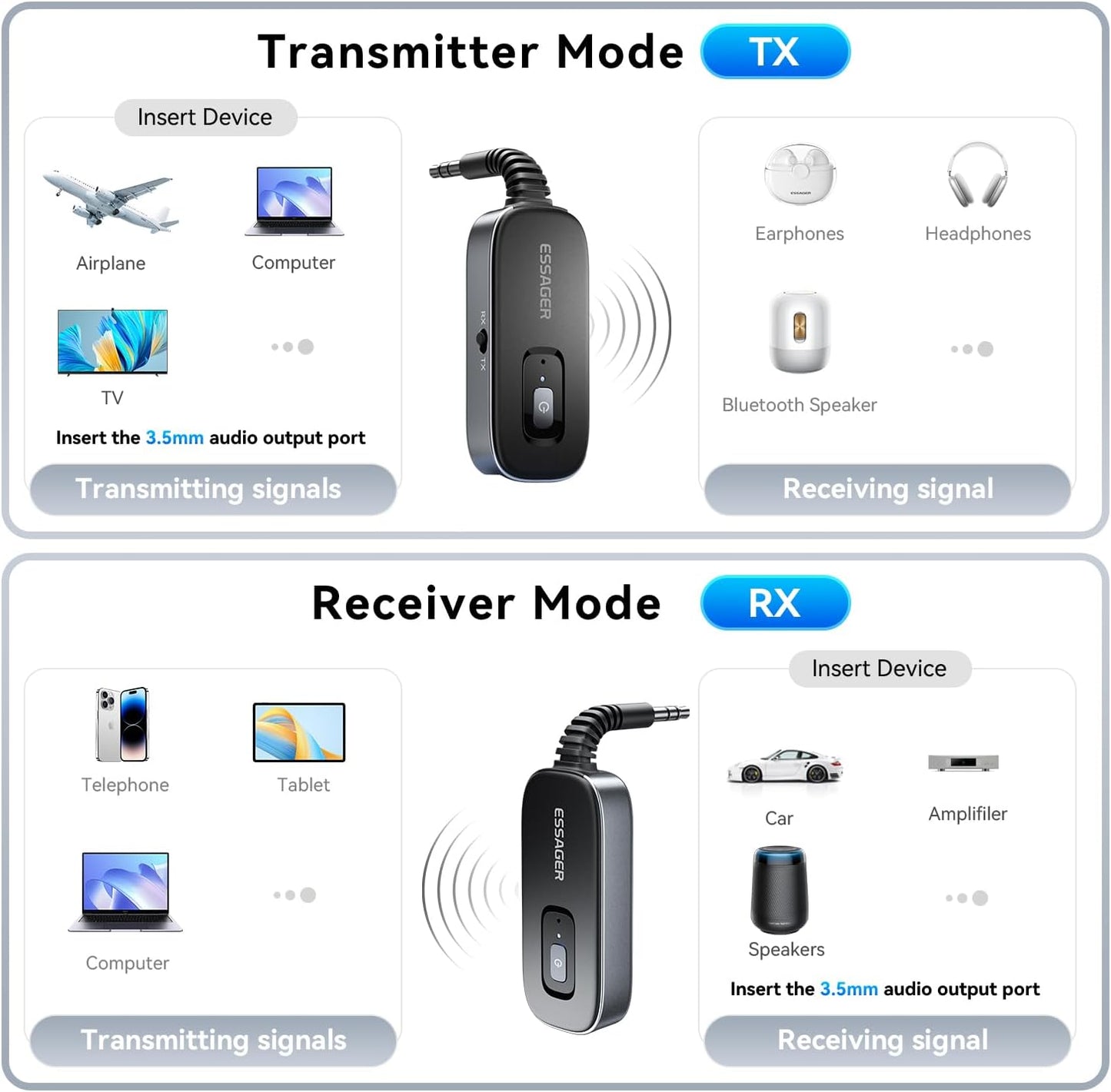 ESSAGER 3.5mm Bluetooth Car Adapter,Noise Cancelling AUX Bluetooth Receiver for Car,Wireless Audio Receiver Transmitter